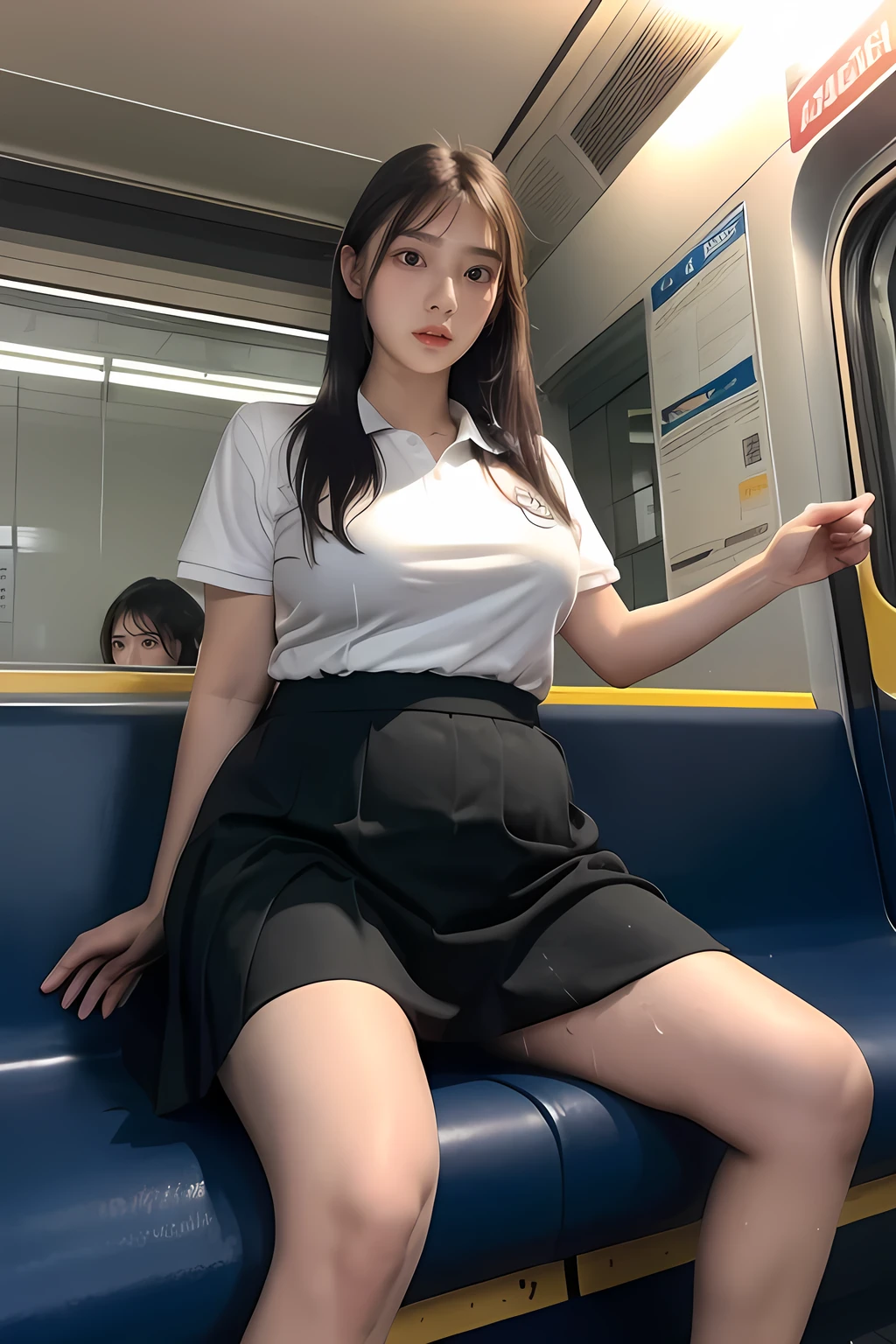 nsfw, 1girl, nude, standing, view from below, bottom_view, schoolgirl, skirtlift, legs open, slit_pussy, perfect pussy, (masterpiece: 1.4), (8K, realistic, raw photo, best quality: 1.4), Japanese girl, beautiful cute face, (real face: 1.4), beautiful hairstyle, realistic blue eyes, beautiful detail eyes, beautiful small breasts, (real skin: 1.3), beautiful skin, attractive, ultra high resolution, illustration, ultra realistic, school uniform, short black hair, on a bus
