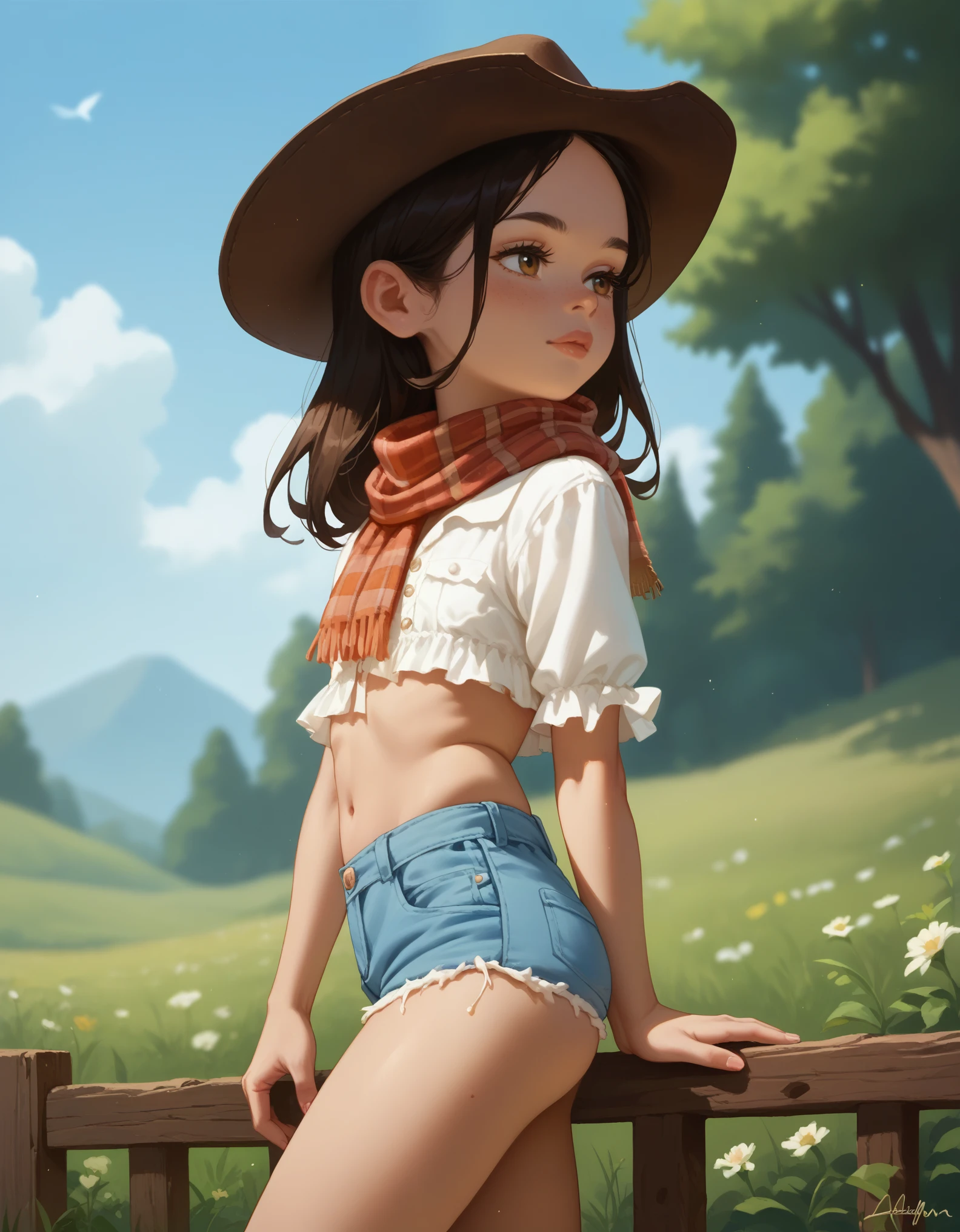 score_9, score_8_up, score_7_up, Beautiful young pretty  portrait，On a muddy farm:1.2 , cowboy hat, Fringed waistcoat , Shorts, scarf , confidence，Very short stature，Flat Chest，Very small ass，Thin thighs，