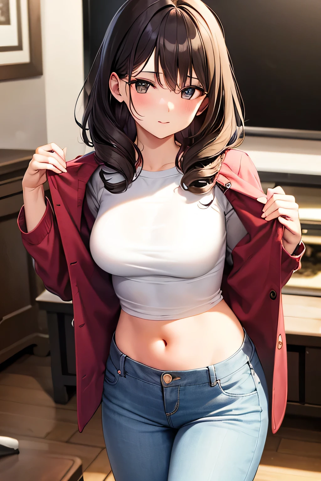 ((alone)), city, street, ((white shirt)), wet shirt, ((blush:1.2)), embarrassing, (raise your chin), 1 girl, hairpin, huge breasts, exposed chest, denim shorts, short hair, weak woman, ((shorts that cut into the crotch)), ((long and thin legs)), ((thin waist)), thick thighs, cowboy shot, Close your legs, Beautiful woman, adult woman, sexy, cute face, cute reaction