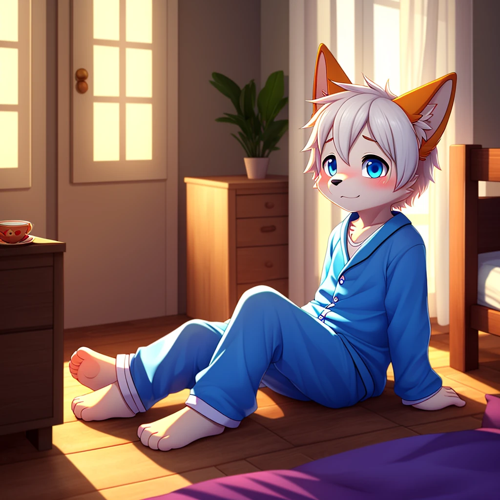 (best quality,4K,8k, highres ,masterpiece:1.2),ultra-detailed
ein süßer Smaller Boy, kind, , jung, Boy, kind, Small, ,  Soft light , Who is sitting all alone , blue fur, blue eyes, white hair, cute blue pajamas, in einem kinderzimmer sitzt,  er ist  shy , (Male:1.4), ( shy :1.4)