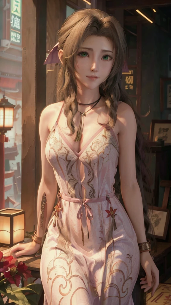  As in the photo, CG, Best Quality, highly detailed masterpiece    , Highly Detailed CG Unity 8k Wallpaper , Best Quality,  Extremely Absurd , very detailed beautiful woman   ,  Aerith Gainsborough , Alone,Along the Yellow River, light texture and light on the face , long Chinese dress has , golden dragon pattern along the Yellow River ,Long Hair,    necklace , JEWELRY,Dark green eyes ,盆栽をHave, long Chinese dress has  ,Lip details , As a Westerner , Have, highly detailed green eyes and very detailed eyes, Viewers,smile,Japanese garden background,