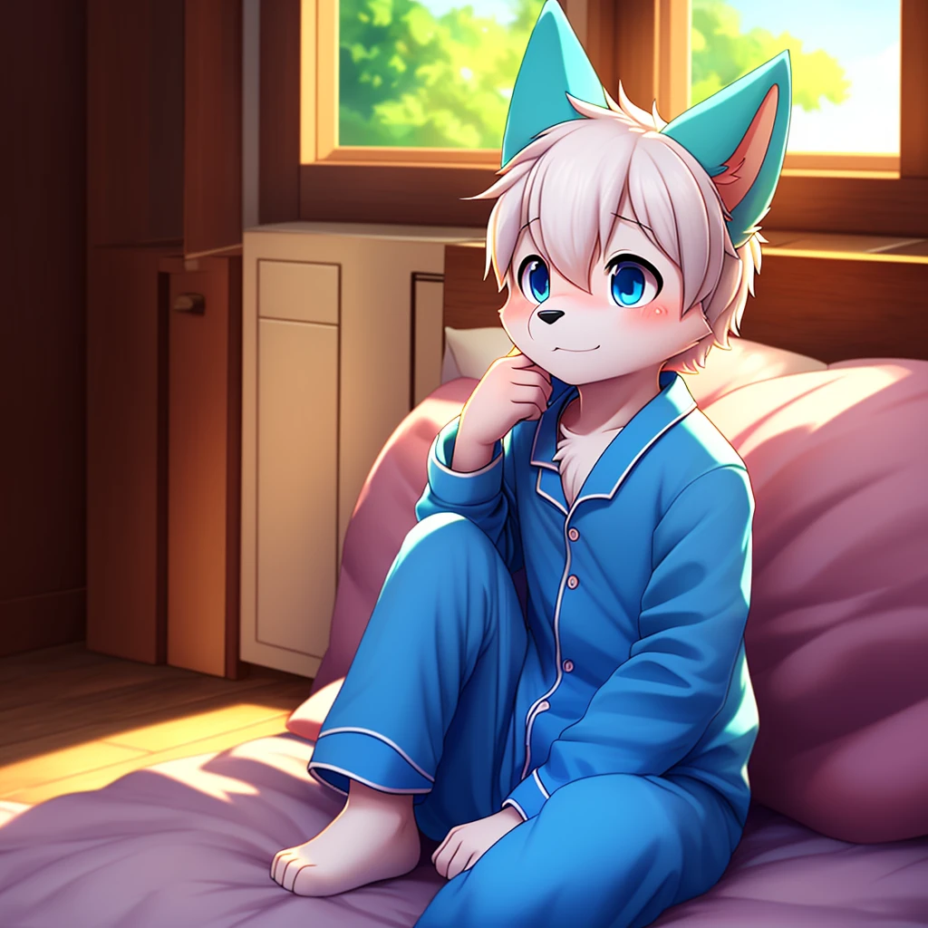 (best quality,4K,8k, highres ,masterpiece:1.2),ultra-detailed
ein süßer Smaller Boy, kind, , jung, Boy, kind, Small, ,  Soft light , Who is sitting all alone , blue fur, blue eyes, white hair, cute blue pajamas, in einem kinderzimmer sitzt,  er ist  shy , (Male:1.4), ( shy :1.4)