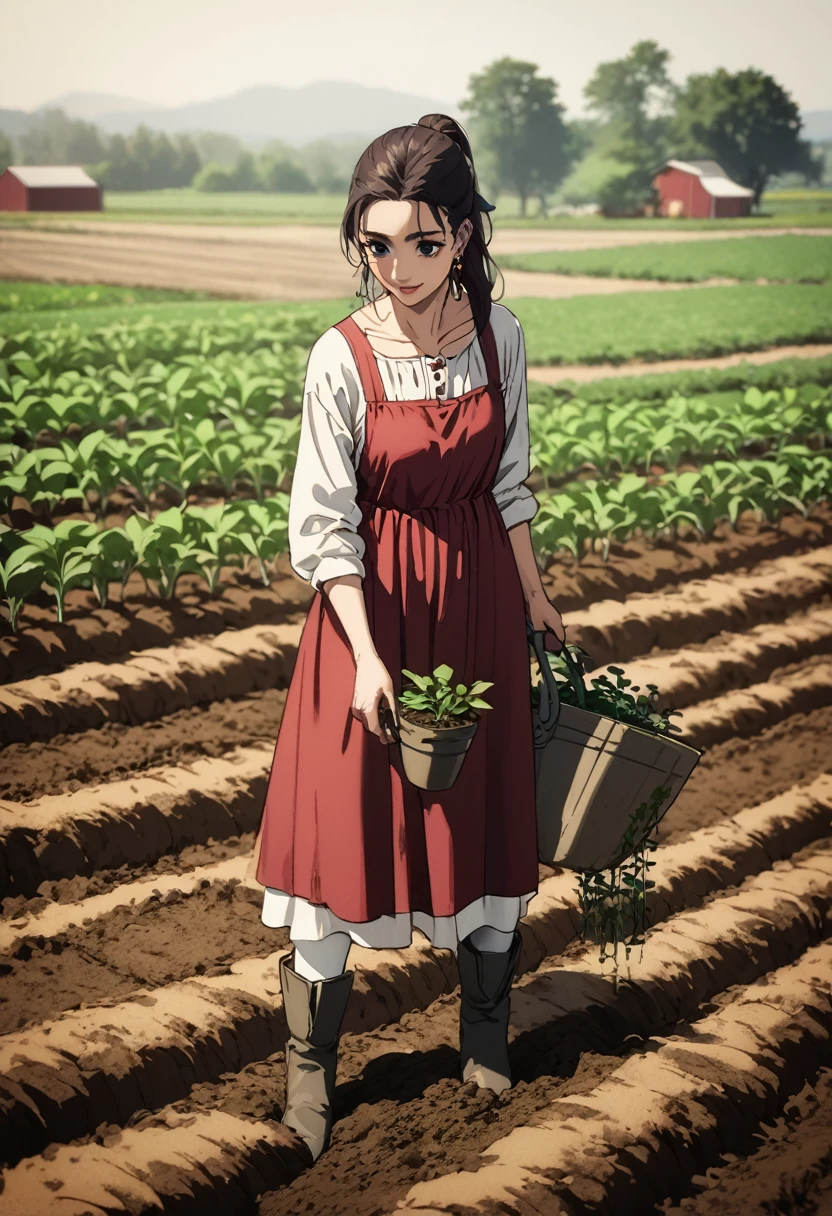 1 woman, Alone,  long hair ,  ponytail , black eyes, A knee-length red farmer's dress ,  Peasant boots ,  She is wearing knee-length white cloth tights, Whole body, smile, lipstick, small earrings, Planting, Cultivating , farm, standing.