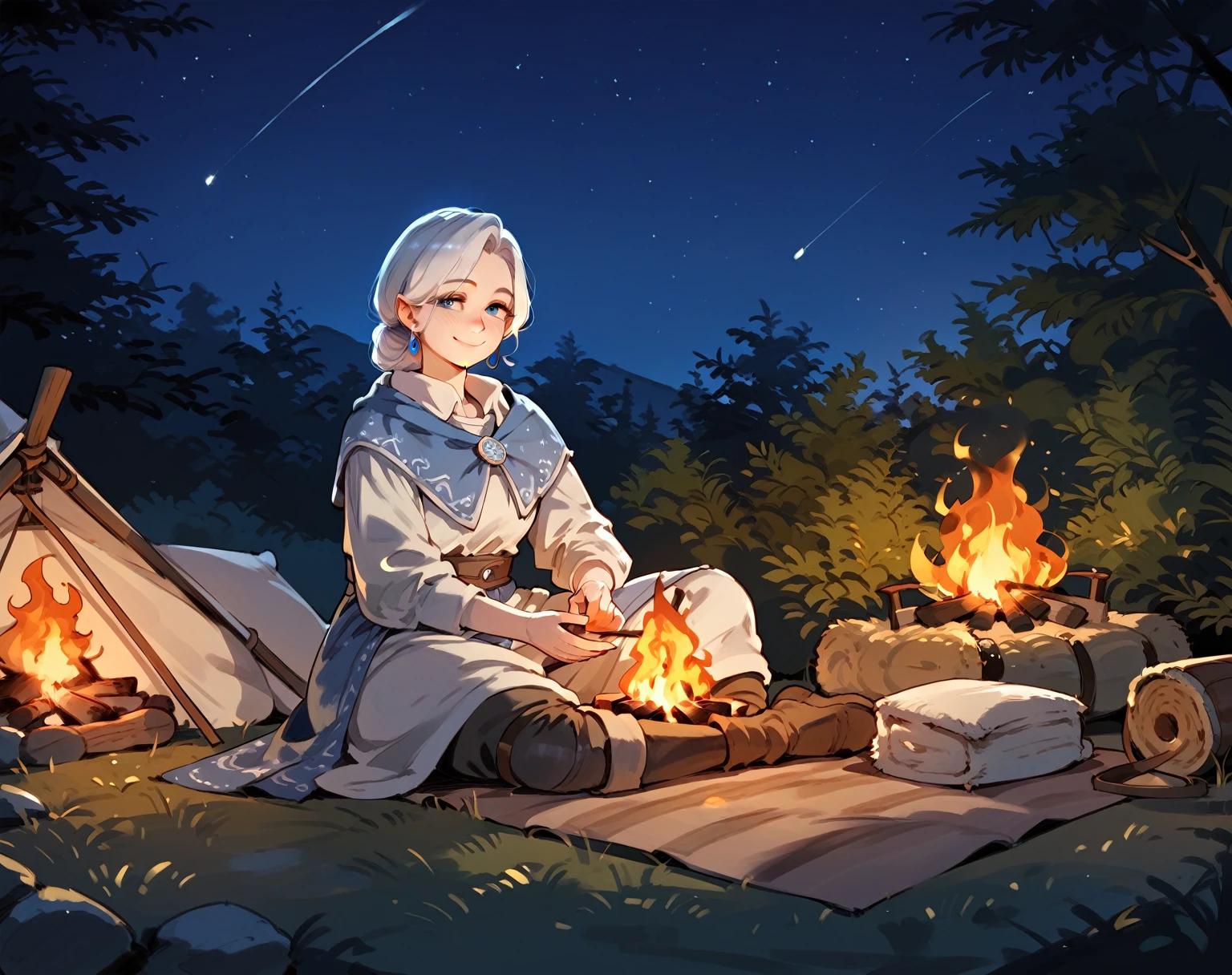 score_9, score_8_up, score_7_up, score_6_up, score_5_up, score_4_up, {{solo, anime, cowboy shot, campfire, camp, night, nightsky, outdoors, sitting, medieval fantasy}} mature woman, aged, blue eyes, voluptous, gentle smile,