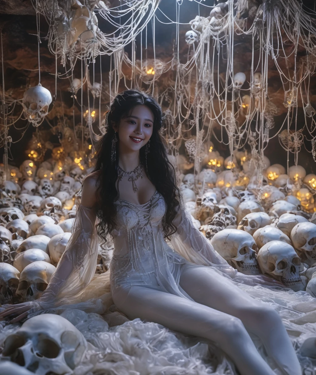 A cinematic-style fullbody realisticphoto of a beautiful young lady ,with a charming smile,in long hairstyle，sexy，on pile of skulls in White Viscous liquid, at Luxurious cave palace with Hanging skeletons on webs，yaoye，anatomical correct:2，fullbody Photography of  lotus pose girl，anatomically correct,Raw, cinematic shot, (sharp focus:1.5), (photorealistic:1.4), twilight lighting, volumetric lighting, ultra high res, 16K,dramatic lighting, abstract backgrounds：1.5）（zentangle，datura，Tangles，entangled：0.7）Kitsune witch，kitsune mask，Haori jacket, foxfire spell, fox family, transformation, depth of field, Fantastical Atmosphere, The most beautiful form of chaos, ellegance, Dark theme of Fauvist design, Flower of Death, Flowers of ecstasy，Glowing Line,Glow Example，Tracking example，flash， Backlight，translucent，light particles,Xill