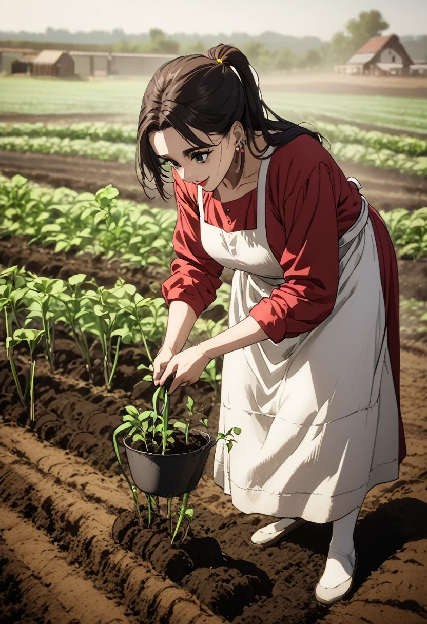 1 woman, Alone,  long hair ,  ponytail , black eyes, A knee-length red farmer's dress , Farmer's slipper ,  She is wearing knee-length white cloth tights, Whole body, smile, lipstick, small earrings, Planting, Cultivating , farm, standing.