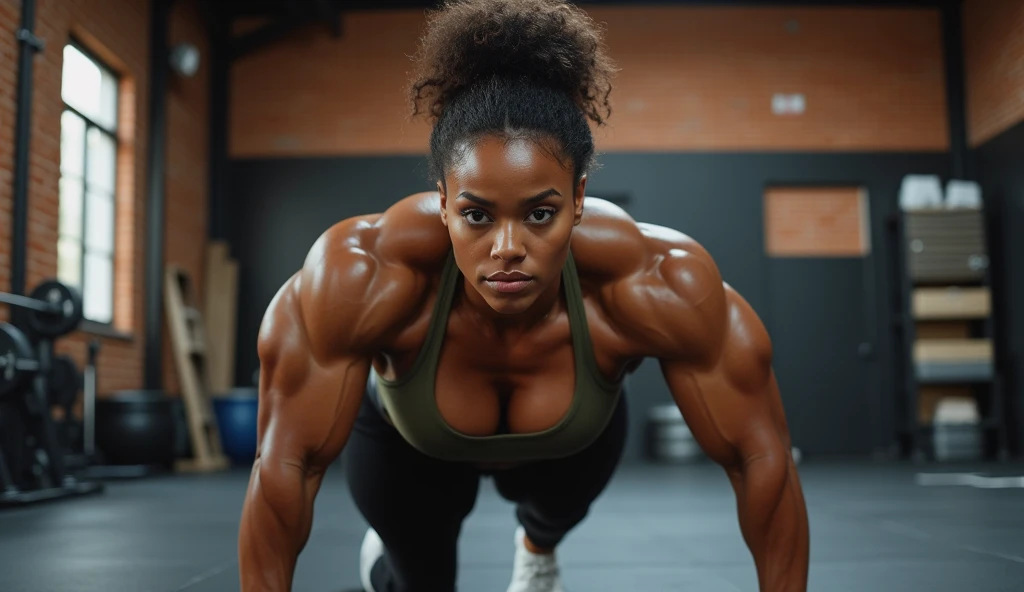 46-year-old African American woman in an industrial gym with brick walls and warm lighting, surrounded by weights and crossfit equipment, wearing an olive-green sports bra that exposes her toned abs and defined shoulders, paired with high-waisted black leggings that accentuate her rounded glutes and muscular legs, with white athletic shoes. Her curly, voluminous hair is pulled up into a high bun. She is performing side planks with a weight on her hip, holding herself up on one arm and raising her hip in a controlled manner to engage her abs and obliques. The image is captured from a low, frontal angle, showcasing the tension in her arms and torso as she executes the exercise with flawless form. Her dark, glistening skin shines with sweat, emphasizing her defined musculature and the effort in each movement. Her expression is focused and serious, with her gaze fixed ahead, conveying strength and control. Her face has high cheekbones, a strong jawline, and full lips that reflect her confidence and commitment. Her presence is striking for her power and determination, drawing the attention of those training around her.