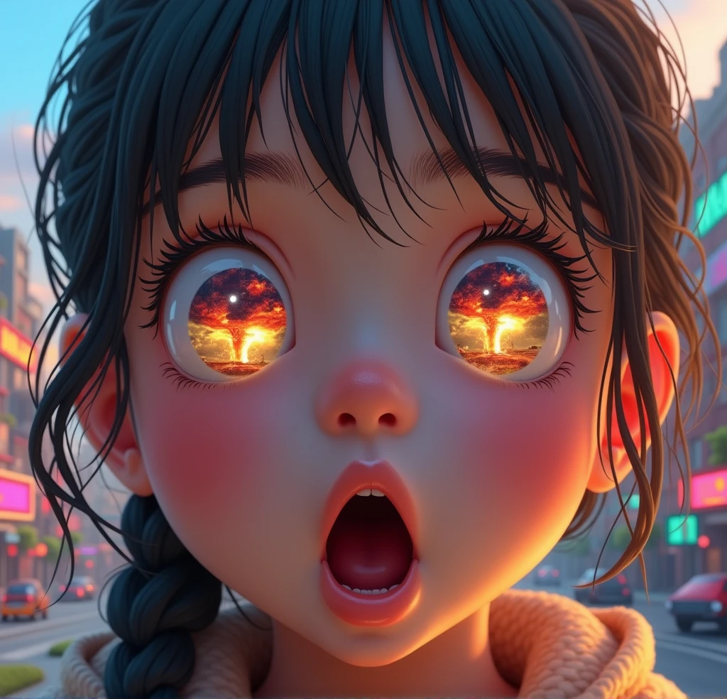 (masterpiece, 8k resolution, skin detail) Close-up of a beautiful young girl’s face with a surprised expression, reflection of an atomic mushroom cloud in her wide eyes, background showing a vibrant and whimsical futuristic world, a colorful street with flying cars, lush greenery integrated into the cityscape, glowing holograms casting light, strong contrast between the dreamy futuristic background and the ominous atomic future reflected in her innocent eyes, highlighting the disparity between her surrounding world and the dark vision in her gaze.