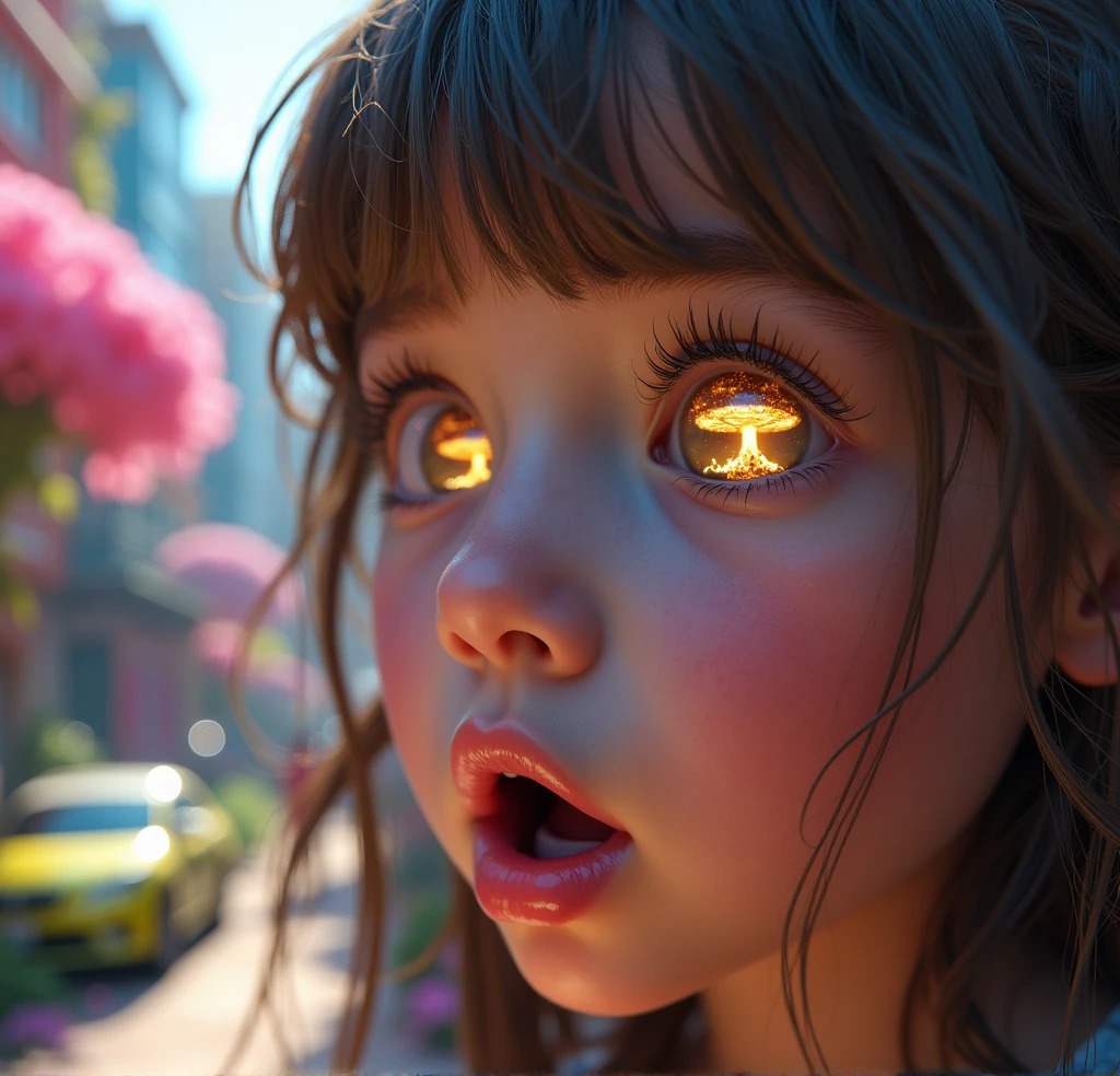 (masterpiece, 8k resolution, skin detail) Close-up of a beautiful young girl’s face with a surprised expression, reflection of an atomic mushroom cloud in her wide eyes, background showing a vibrant and whimsical futuristic world, a colorful street with flying cars, lush greenery integrated into the cityscape, glowing holograms casting light, strong contrast between the dreamy futuristic background and the ominous atomic future reflected in her innocent eyes, highlighting the disparity between her surrounding world and the dark vision in her gaze.