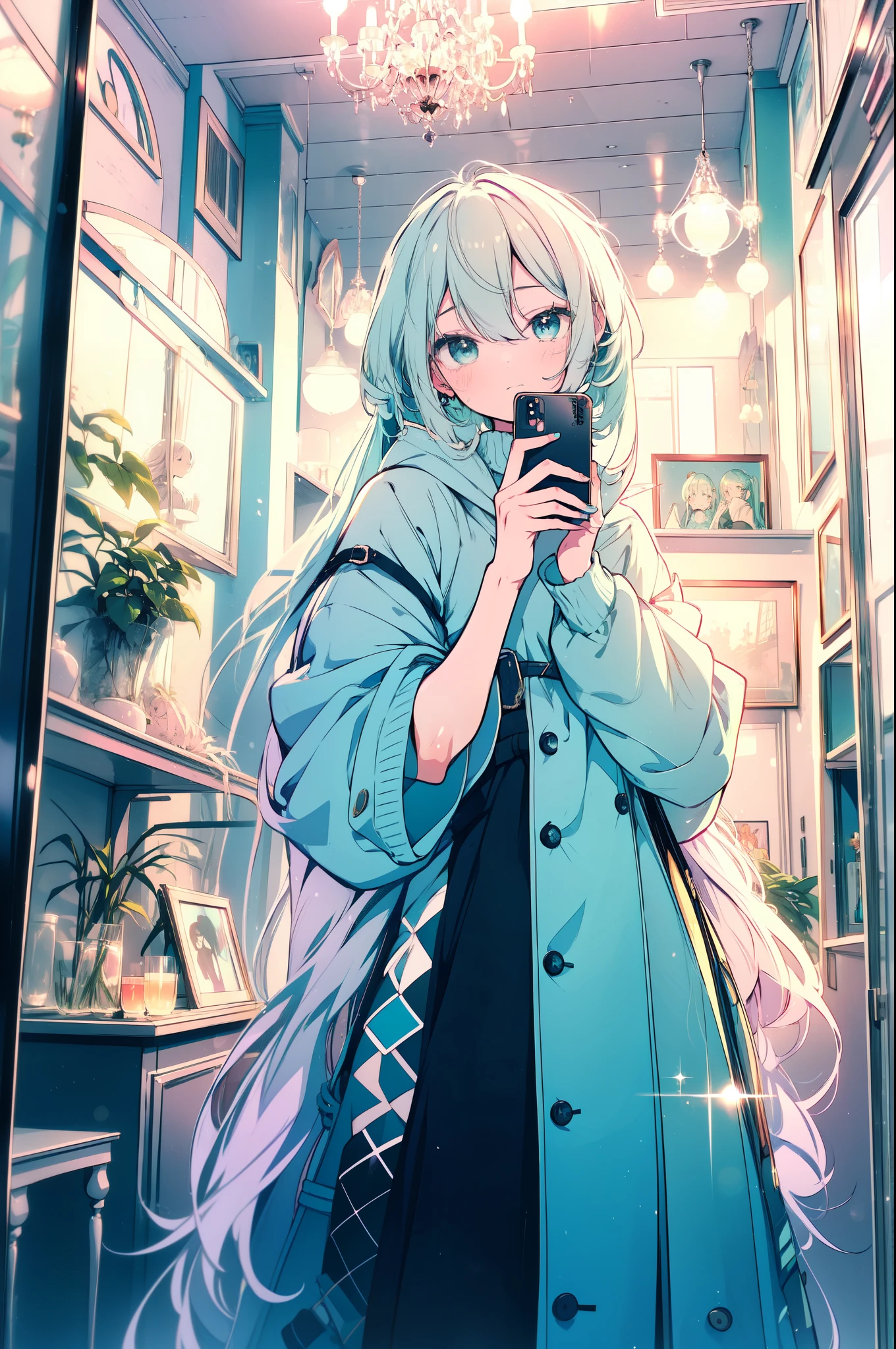 Hatsune Miku, feminine gender, cabelo longo e blue-green com um laço vermelho, usando um puffer Lavender com detalhes silvers e brilho sutil, poses in front of the mirror inside a vintage store , capturing her profile reflection . She takes a selfie pose , with a raised hand holding the puffer hood . His expression is relaxed, conveying a light atmosphere . The setting features shelves of old clothes and accessories, creating a nostalgic contrast . color palette : Lavender, silver, blue-green.