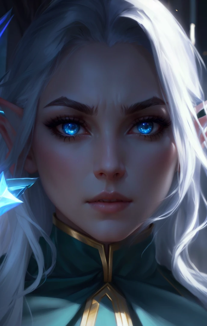 Front view, elf front view, look the viewer, wide mouth, closed lips, stoic face, shuted mouth, mature face, elf, ashe from league of legends, calm face, 