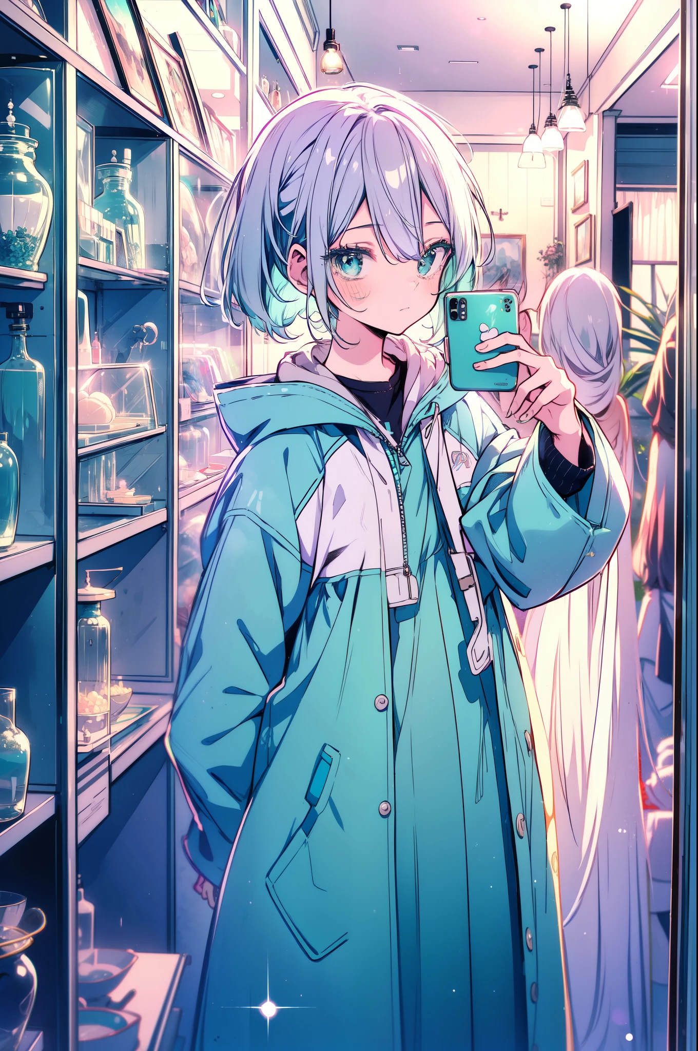 Hatsune Miku, feminine gender, cabelo longo e blue-green com um laço vermelho, usando um puffer Lavender com detalhes silvers e brilho sutil, poses in front of the mirror inside a vintage store , capturing her profile reflection . She takes a selfie pose , with a raised hand holding the puffer hood . His expression is relaxed, conveying a light atmosphere . The setting features shelves of old clothes and accessories, creating a nostalgic contrast . color palette : Lavender, silver, blue-green.