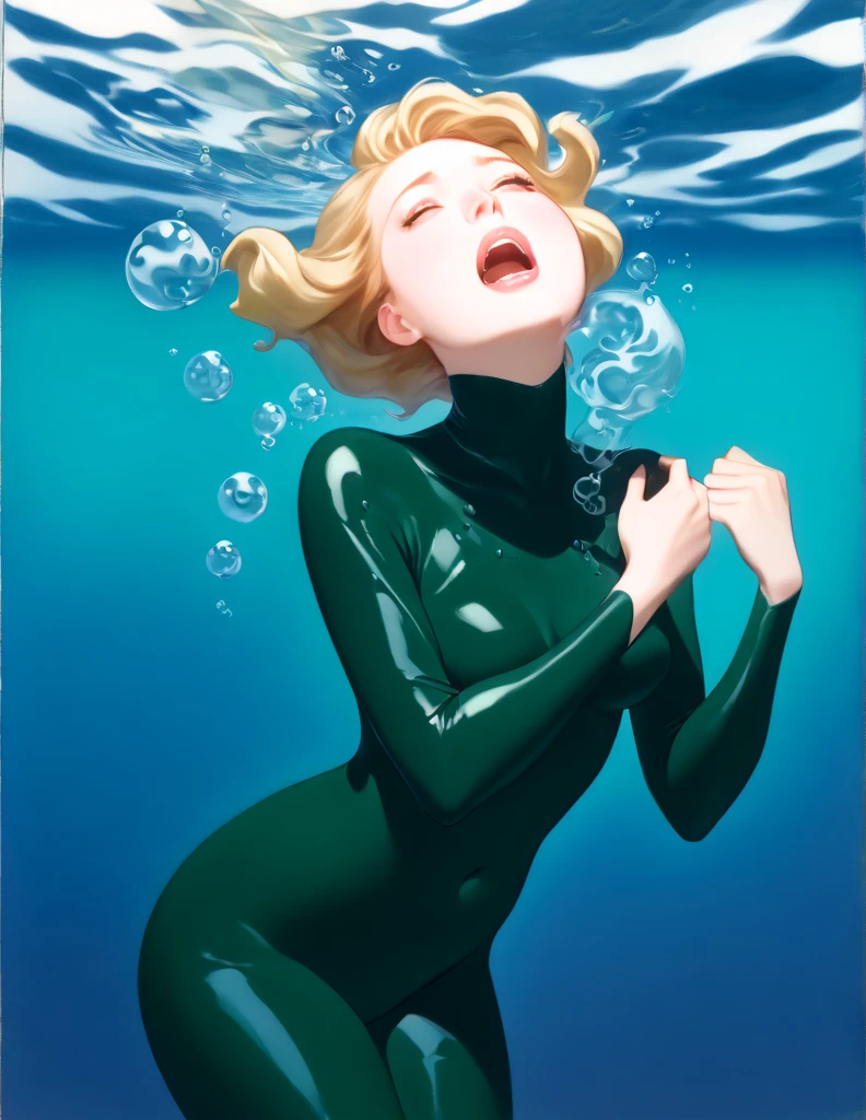 Oil painted  white woman. Her face  also slightly chubby. Her body  floating underwater in the oceanocean .She  wearing a dark green body suit with swirled with white. She has short blonde hair. She has her mouth open breathing heavily, she puts both her hands on her neck as if she choking and can’t breathe . Bubbles are streaming from her mouth floating upward.She  on the verge of death. She  grabbing her neck. Full body view. Bare foot.