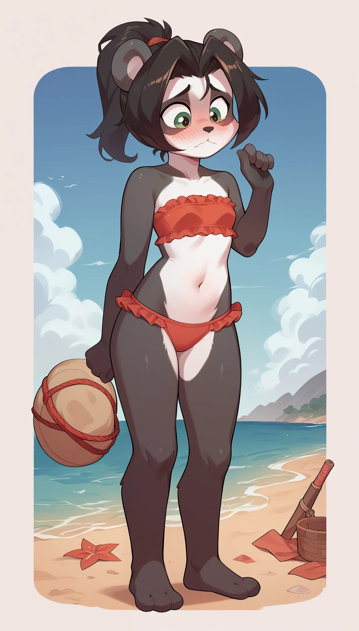 lilistormstout, anthro, pandaren, twirling hair, hand up, blush, shy, full body, score 9, score 8 up, score 7 up, score 6 up, score 5 up, score 4 up, BREAK, small breasts, ((red frilly strapless bundeau bikini)), standing, beach, clear sky,