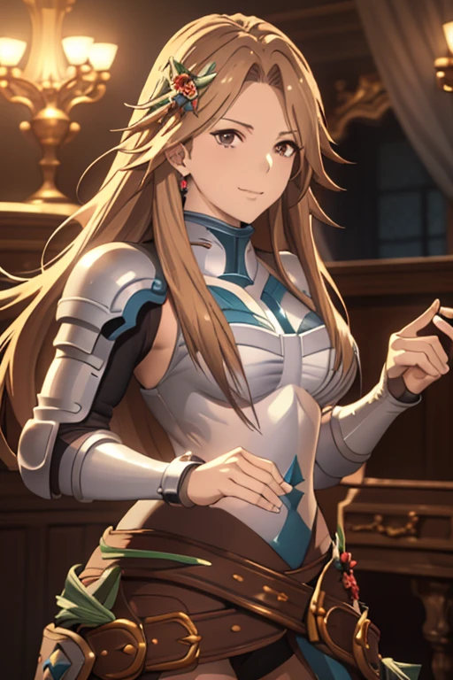 (Masterpiece,Best Quality, 4K, 8k,  high resolution, masterpiece:1.2), Super detailed, (Realistic, photoRealistic, photo-Realistic:1.37) ,Katarina( GRANBLUE FANTASY),( GRANBLUE FANTASYスタイル),Her hair is light brown ,Show your forehead, (Realisticな肌),Beautiful Skin,armor,  Full Body Armor,Katarinaのarmor,Charming,smile , Brave Standing ,outside,rendering, add HDR to enhance visual effects , 超 high resolution,  studio lighting in the studio, Ultra-fine painting, Sharp focus, 物理ベースrendering, professional,  vibrant colors,(((Best Quality))), ((Super detailed)),((masterpiece:1.5)), Detailed Photos, (Best Quality: 1.4), 超 high resolution, High image quality,Perfect fingers,Perfect limbs,Perfect Fingers 