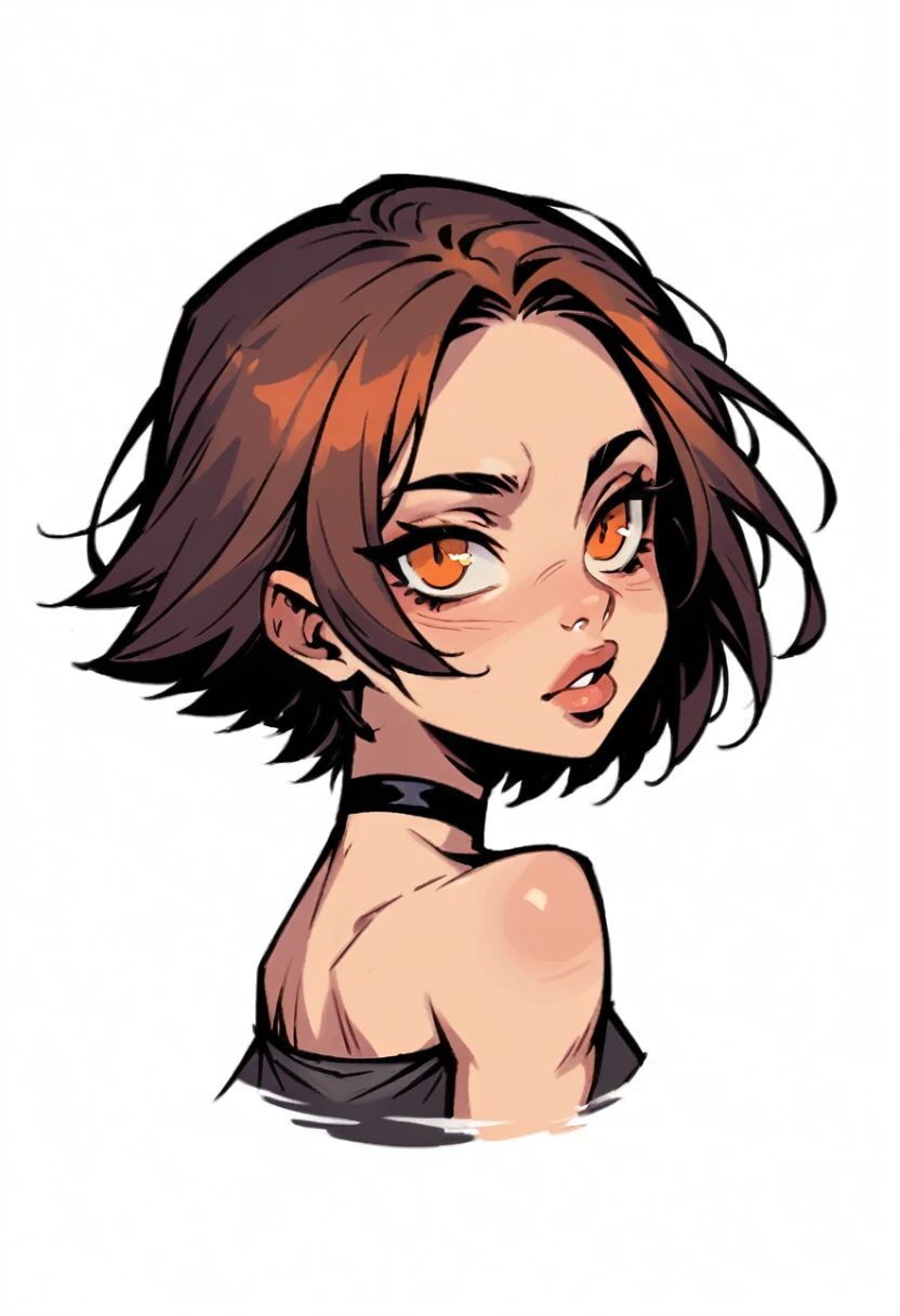  Illustration Sleeve style of a female character with short hair, plain and bright orange.  She has a slightly irregular fringe on her forehead . Your face is rounded,  with soft and delicate features .  Her eyebrows are thin and defined ,  matching her hair color .  She has large and expressive eyes with a 'cat-eye' style outline ,  which gives her an intense look . Your nose is small and thin, and she has full lips with a soft shade of pink or reddish.  She wears a black choker necklace for a modern and alternative look . Back view. Fullbody