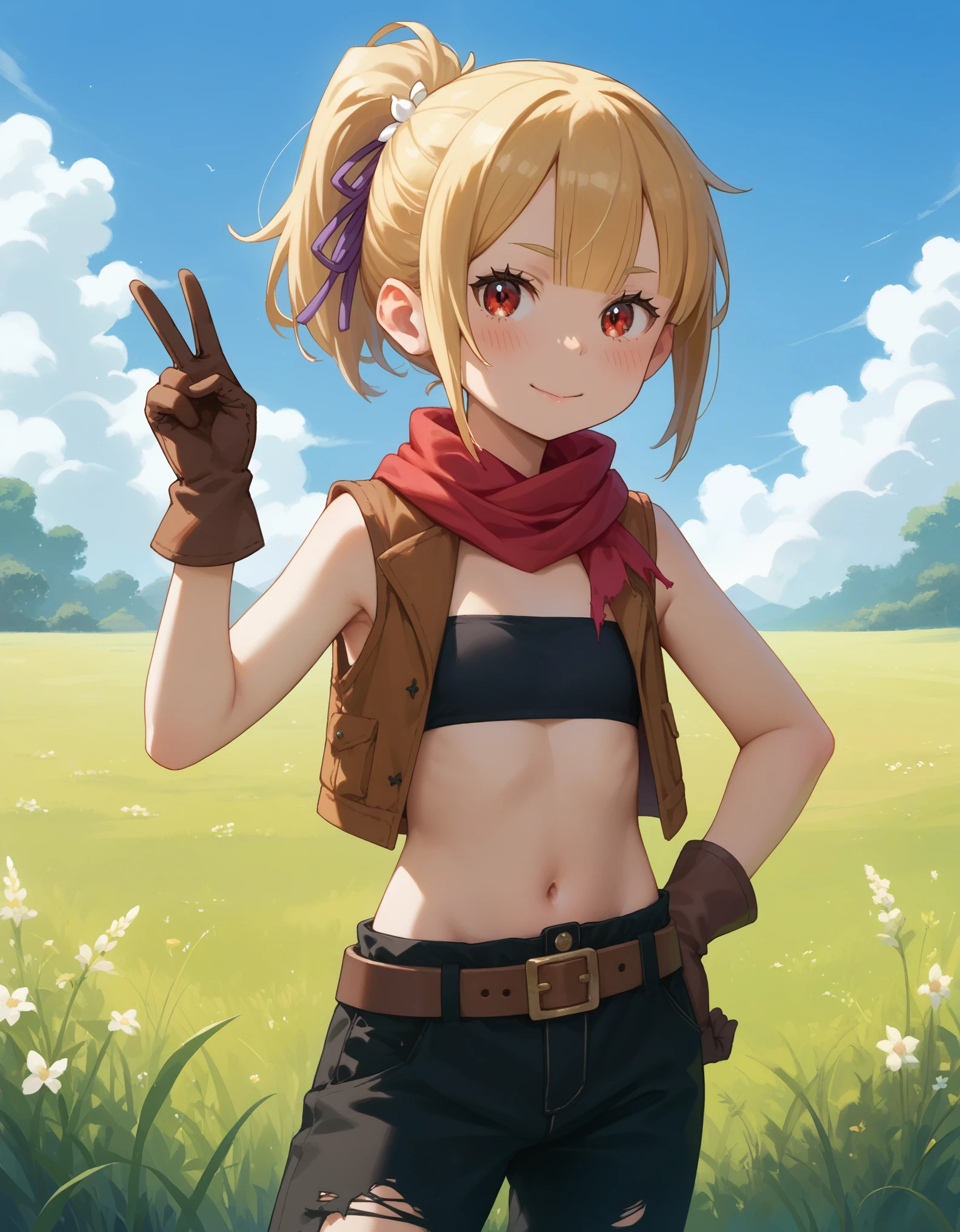 score_9, score_8_up, score_7_up, 1girl, felt_(re:zero), red_eyes, blonde_hair, short_hair, ponytail, flat_chest, hair_bow, black_bow, red_scarf, brown_vest, open_vest, sleeveless, brown_gloves, fur-trimmed_gloves, black_bandeau, single_pantsleg, black_pants, torn_pants, asymmetrical_clothes, brown_belt, sheated, happy, v, hand_on_own_hip, looking_at_viewer, grass, sky, blush, closed_mouth