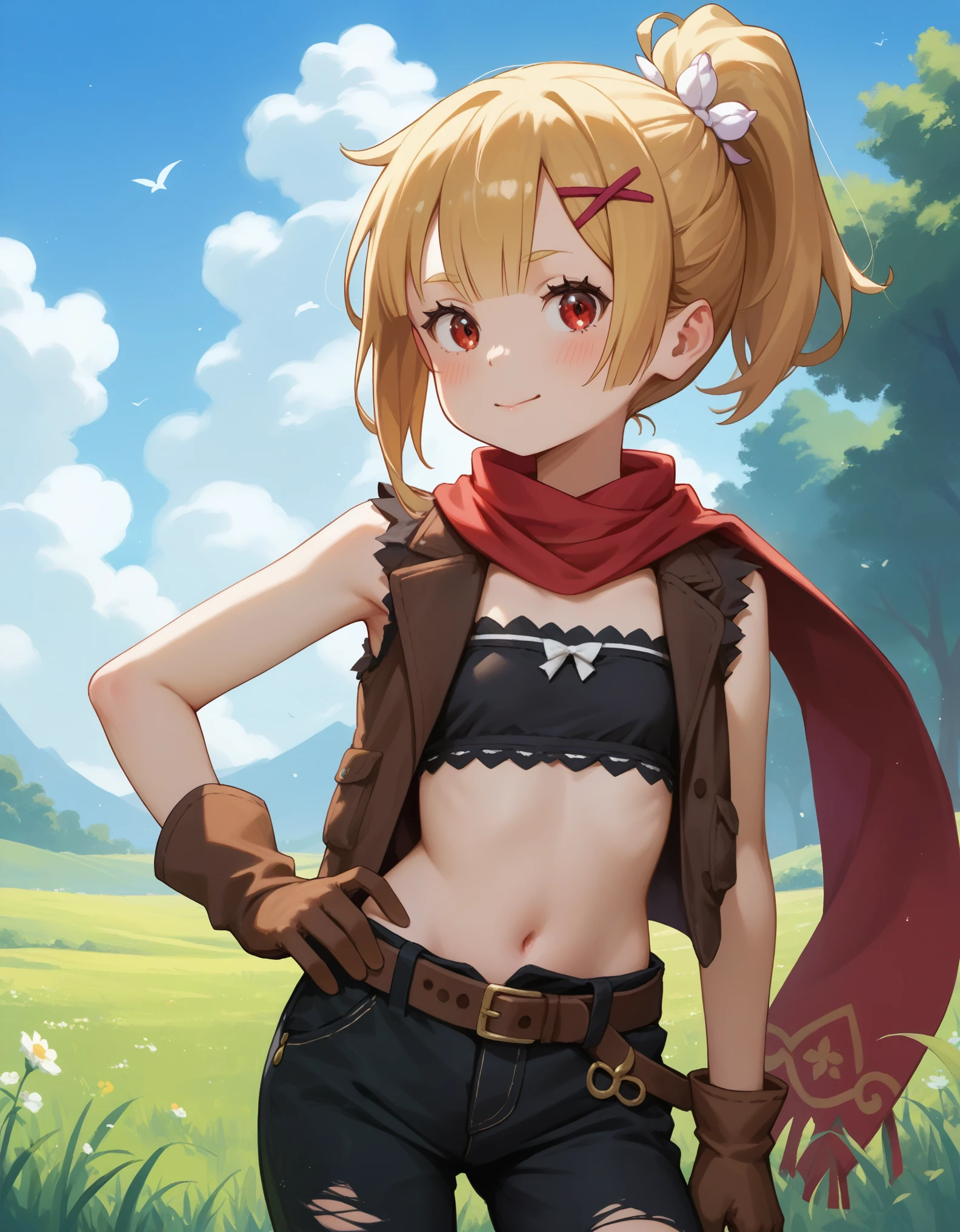 score_9, score_8_up, score_7_up, 1girl, felt_(re:zero), red_eyes, blonde_hair, short_hair, ponytail, flat_chest, hair_bow, black_bow, red_scarf, brown_vest, open_vest, sleeveless, brown_gloves, fur-trimmed_gloves, black_bandeau, single_pantsleg, black_pants, torn_pants, asymmetrical_clothes, brown_belt, sheated, happy, v, hand_on_own_hip, looking_at_viewer, grass, sky, blush, closed_mouth