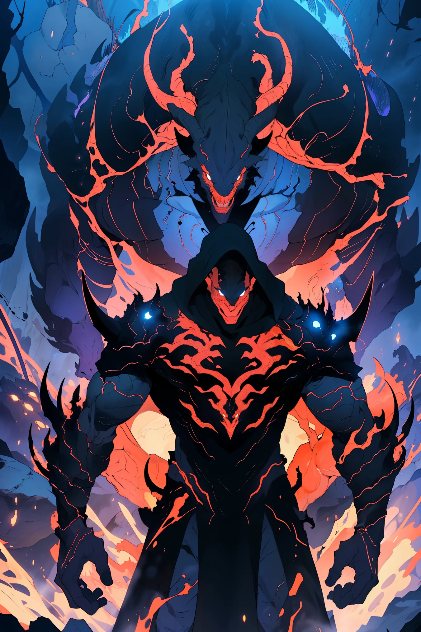 Dragon aura from Esmeralas, Ultra detailed, beautiful y estético, beautiful, masterpiece , mystery , atmospheric , genial , supernatural , La mejor calidad , cave , 1 man , 1 demonic monster , very large monster , Man killing monster , The man wears a long robe with a black hood. , Can use magic , The monster has a very large horn , Firebreathing Monster , The man has a great shiny sword , , 4 small monsters around the big monster , Magma around the battlefield , El campo de batalla está en la cave , Toda la cavea en llamas , The man's sword shines , May Cliff and rock in the cave , Cavern in flames , ( Ultra detailed Cavern) , (Magma Ultra detailed) , ( Ultra detailed man face) , ( Ultra detailed sword) , (Monstruo Ultra detailed)