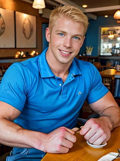 1man, athletic, a&f face, blond hair, blue eyes, blue polo shirt, blue jeans, bulge, smile, flirting, sitting at a restaurant table