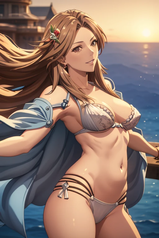 (Masterpiece,Best Quality, 4K, 8k,  high resolution, masterpiece:1.2), Super detailed, (Realistic, photoRealistic, photo-Realistic:1.37) ,Katarina( GRANBLUE FANTASY),( GRANBLUE FANTASYスタイル),Her hair is light brown ,Show your forehead, (Realisticな肌),Beautiful Skin, lingerie,Exposing your belly,Charming,smile , Standing posture,sea,Beach,rendering, add HDR to enhance visual effects , 超 high resolution,  studio lighting in the studio, Ultra-fine painting, Sharp focus, 物理ベースrendering, professional,  vibrant colors,(((Best Quality))), ((Super detailed)),((masterpiece:1.5)), Detailed Photos, (Best Quality: 1.4), 超 high resolution, High image quality,Perfect fingers,Perfect limbs,Perfect Fingers 