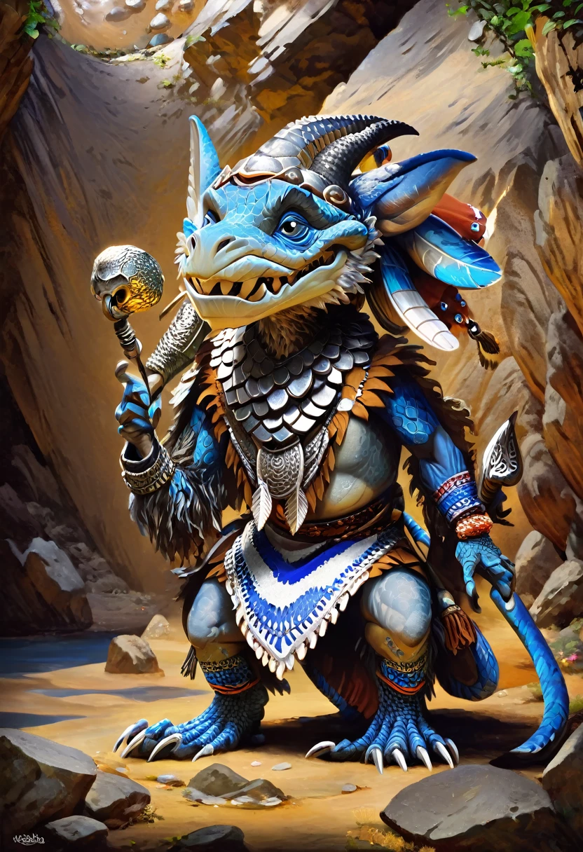 A kobold with silver scales, full body silver colour, he is silver, detailed, solo on a cave. Wearing tribal cloths and a big black hat. Use silver, blue and white as colours for the image. He is friendily and happy.