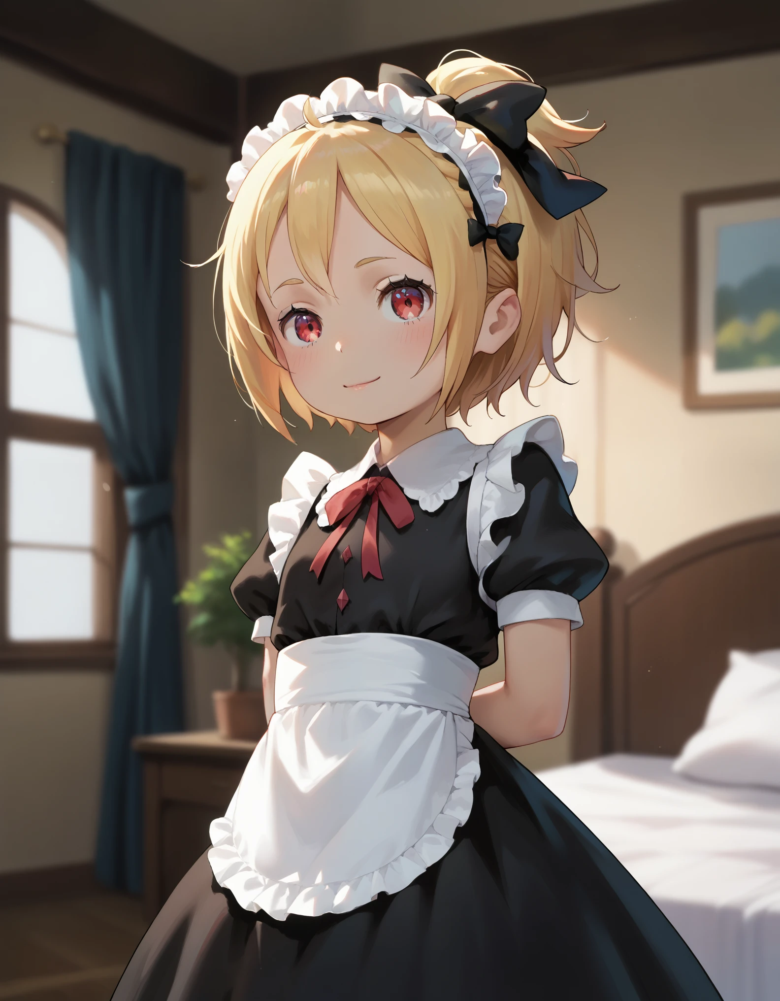 score_9, score_8_up, score_7_up, 1girl, felt_(re:zero), red_eyes, blonde_hair, short_hair, ponytail, flat_chest, hair_bow, black_bow, maid, maid_headdress, black_dress, blush, smile, arms_behind_back, indoors, puffy_short_sleeves, looking_at_viewer