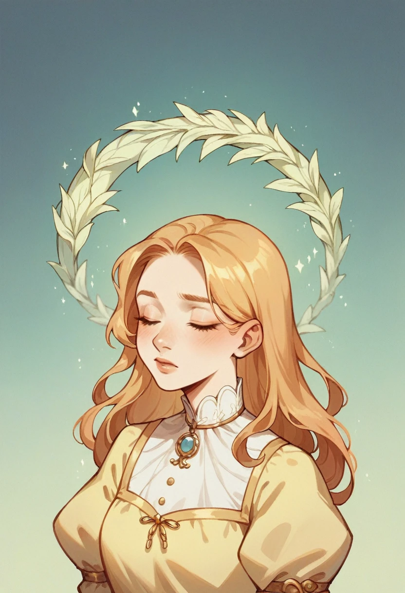 A nineteen-years-old girl stands with her eyes closed, exuding a serene and peaceful aura. Her straight blond long hair frames her face softly, and she wears a light yellow dress with round, puffy sleeves that enhance her delicate, youthful appearance. The soft fabric of her dress and her tranquil pose suggest a moment of calm and introspection, as if she’s savoring a gentle breeze or a cherished memory.