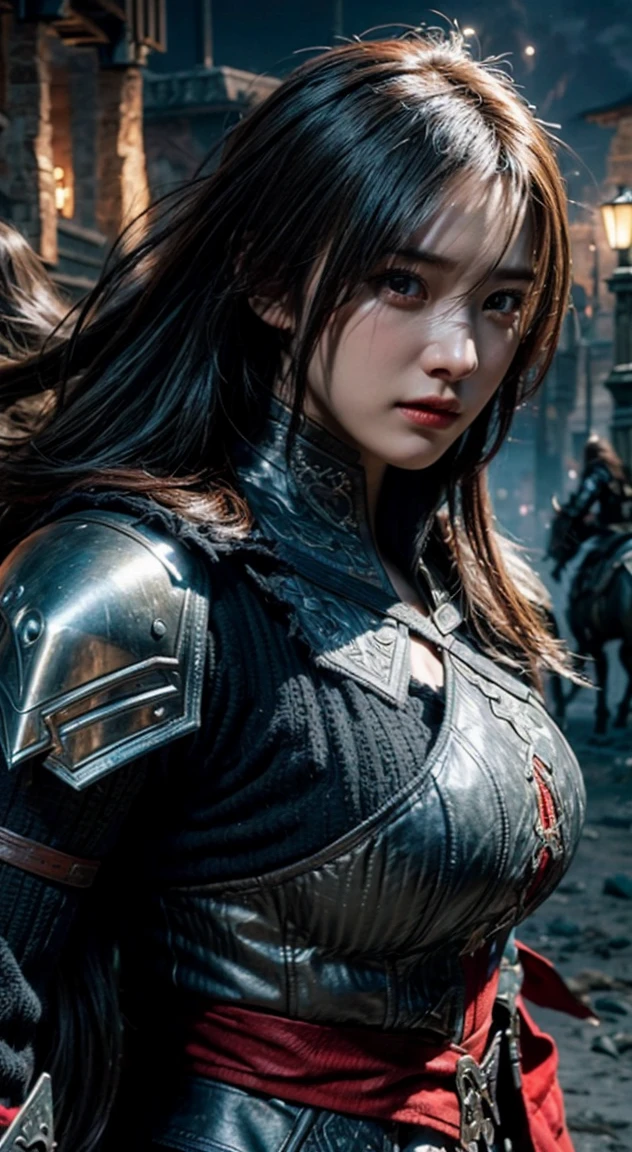 a warrior woman standing in front of a horse, assassin's creed, highly detailed, photorealistic, post-apocalyptic, night scene, dramatic lighting, epic fantasy, cinematic composition, intricate armor and weaponry, intense gaze, windblown hair, moody atmosphere, rich colors, volumetric lighting, impactful depth of field, ultra-high definition, masterpiece