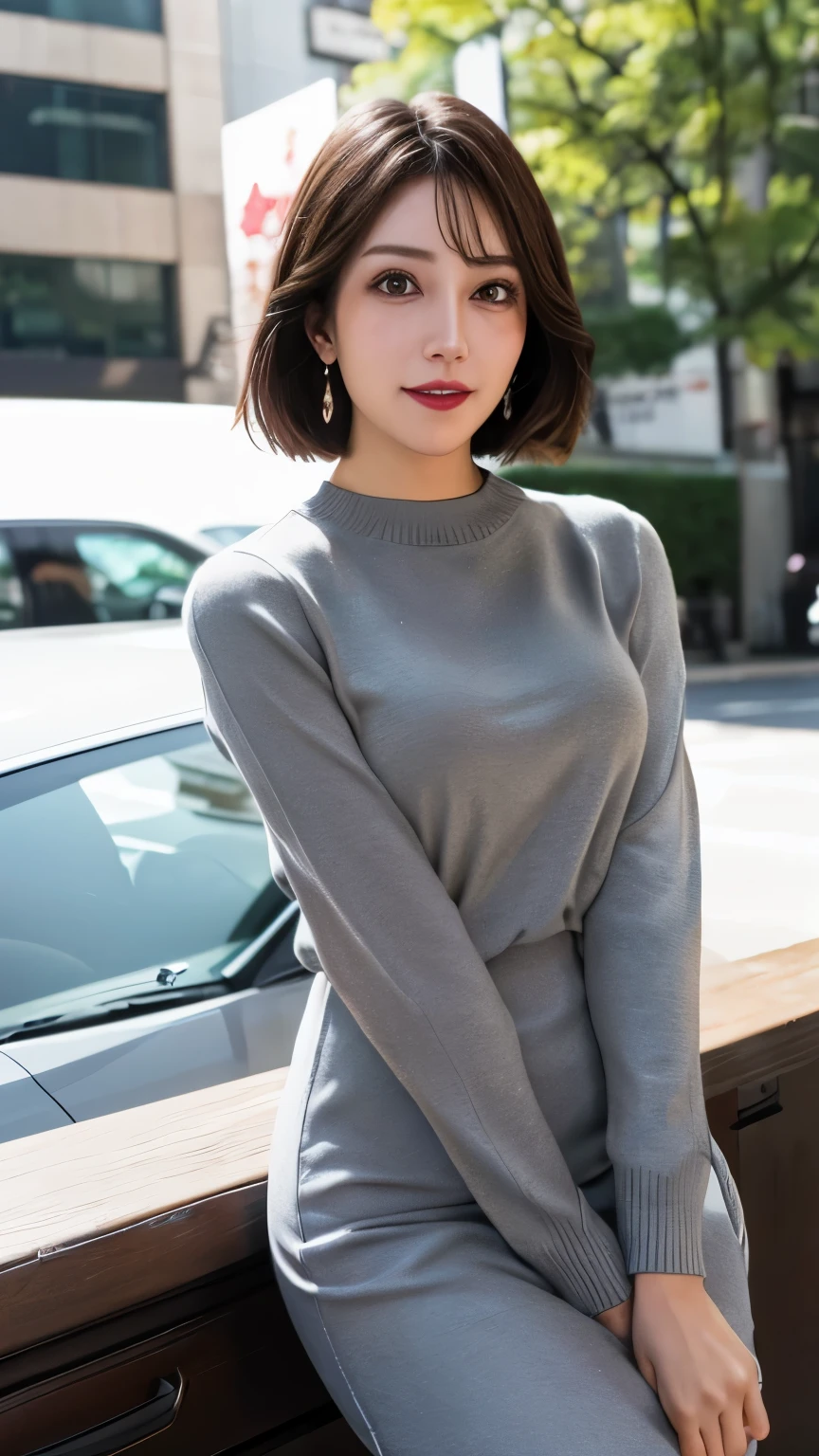 ( cowboy shot、Best Quality、8k、Award-winning works、 ultra high resolution)、Beautiful woman、(perfection, The most natural grey long sleeve sweater:1.1).perfection Makeup、 bright and shiny lipstick that makes your armpits visible on a t-shirt、(Big Breasts)、 semi-long , short bob hair、(Romantic affection:1.1)、 his best smile when looking at me 、( many of them emphasize body lines.....:1.1)、(Vividly Blurry Harajuku City Background :1.1)、(intensely blurred background :1.1)、 accurate anatomy 、 ultra HD hair、( ultra high resolutionのperfectionな美しい歯:1.1)、Ultra high definition beautiful faces 、 ultra HD hair、Ultra HD Shining Eyes、輝く ultra high resolutionの美肌、 ultra high resolutionの艶やかな唇