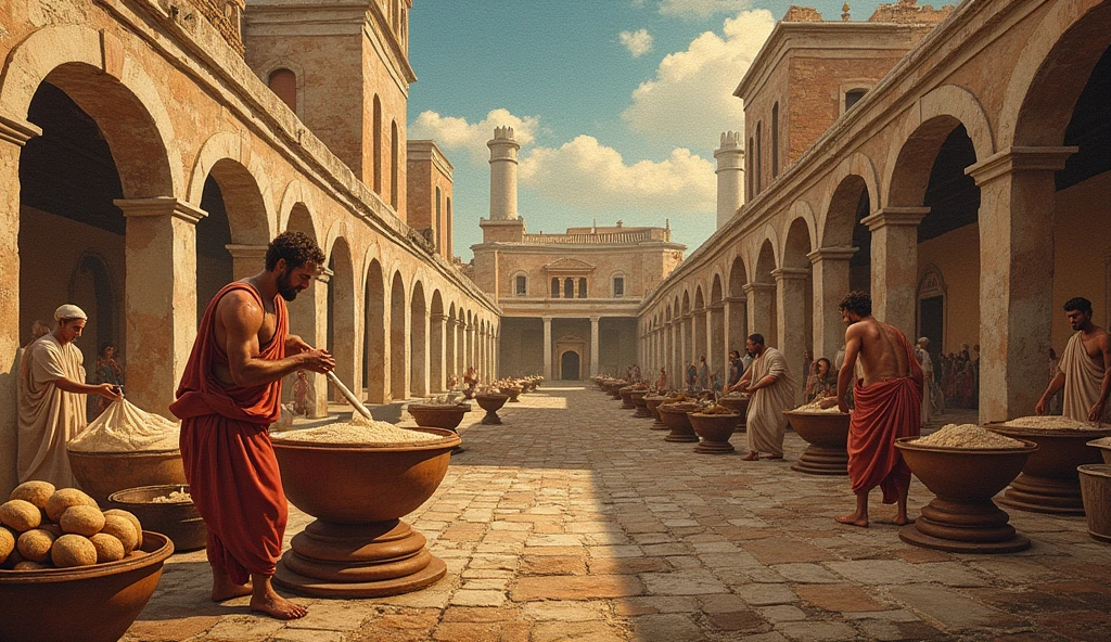 A highly detailed mosaic depicting the process of grinding and baking ...