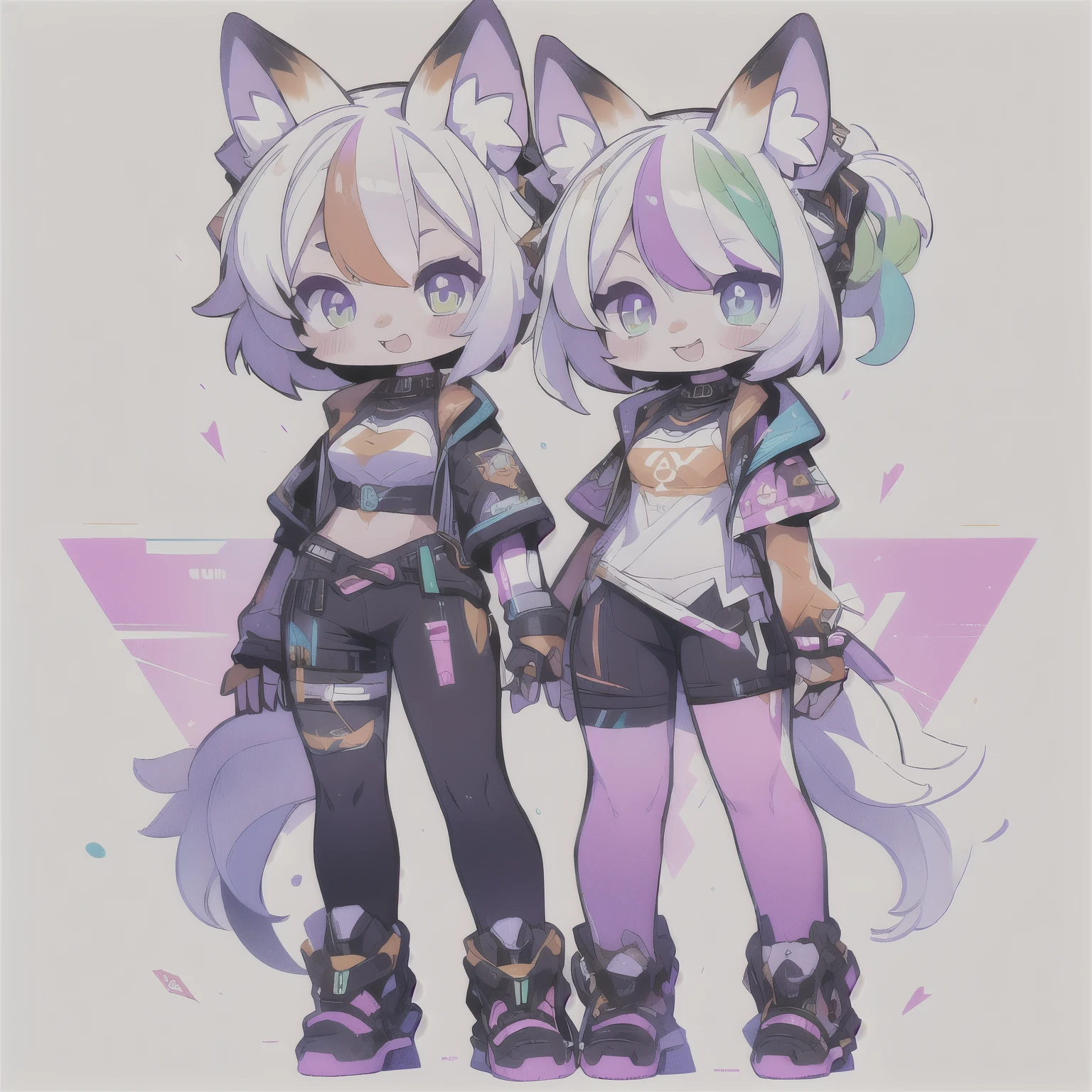 Female hairy purple fox,  Fox ears, fox tail,  gym clothes ,  wide hips , white skin body, simple background, Whole body, standing, Chibi. ( cyberpunk style), ( masterpiece ,  high quality , best quality, 8k,  High resolution), ((chibi style, Chibi cute)), (Alone, A girl  ), {fox girl, Fox Face, 2 fangs , long eyelashes, eyeliner} {fox mustaches }, ((( Fox skin all over the body,  fox stripes on the body , visible ears  ))), ((Long rainbow hair)), hair clip, [[hair clip Cyberpunk]], ((very happy)), ((open mouth)), [Rainbow pupil ], (( looking up )), (very small breasts), thin arms, ( arm down), armpits, ((Mini T-shirt,  full white t-shirt )), {Calsa Legging brancos}, {{{ mini tiger tail ,  tail on the back }}}, (((Goal from above the body))), (((standing,  choppy heel angle ))),  dynamic pose , white background, simple background , (((( Tora-chan style on Hanayome )))), (( dazzling vivid color)), ANIME STYLE, Color of Mango .  masterpiece , perfect anatomy.