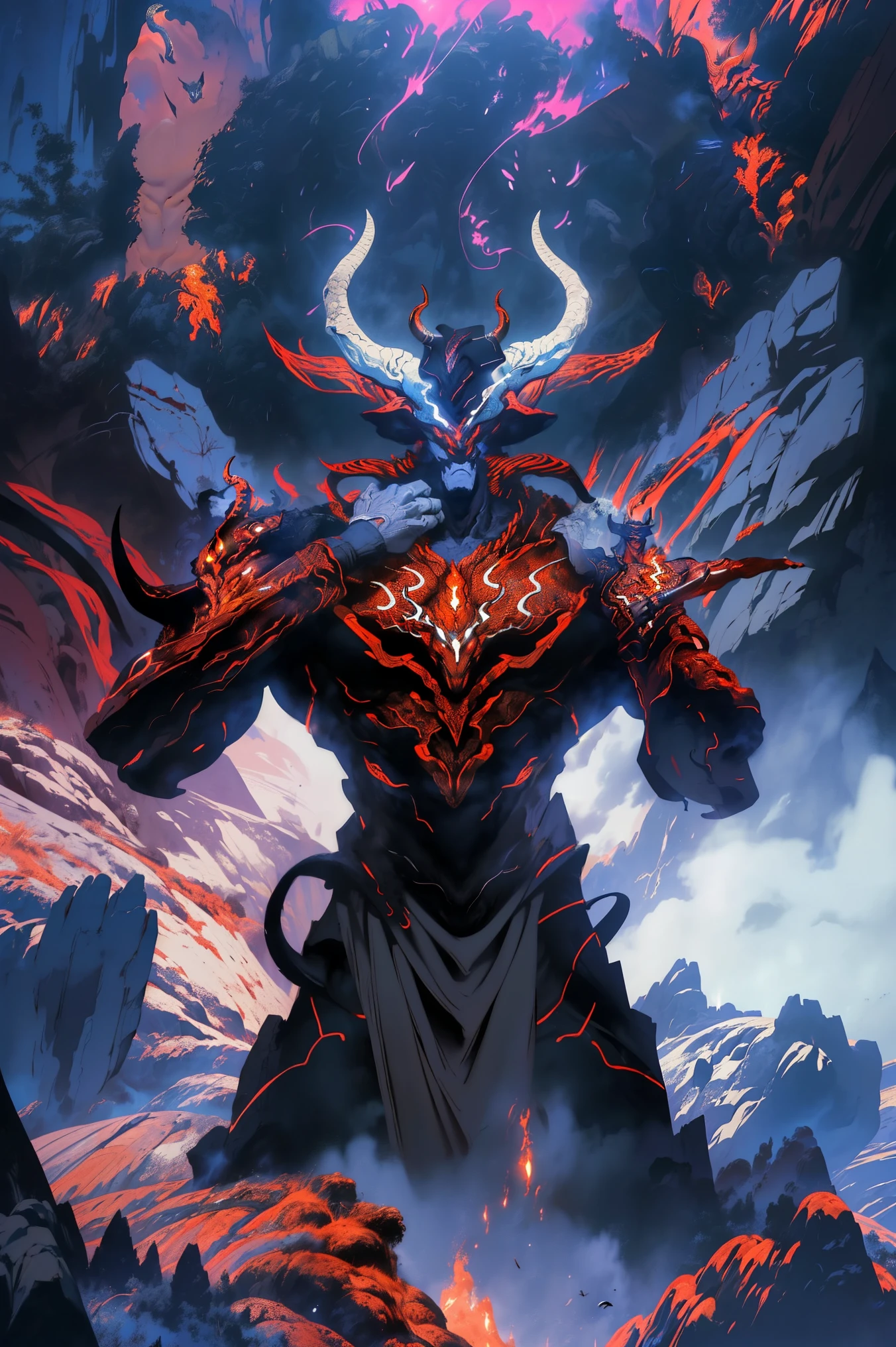 Dragon aura from Esmeralas, Ultra detailed, beautiful y estético, beautiful, masterpiece , mystery , atmospheric , genial , supernatural , La mejor calidad , cave , 1 man , 1 demonic monster , very large monster , Man killing monster , The man wears a long robe with a black hood. , Can use magic , The monster has a very large horn , Firebreathing Monster , The man has a great shiny sword , , 4 small monsters around the big monster , Magma around the battlefield , El campo de batalla está en la cave , Toda la cavea en llamas , The man's sword shines , May Cliff and rock in the cave , Cavern in flames , ( Ultra detailed Cavern) , (Magma Ultra detailed) , ( Ultra detailed man face) , ( Ultra detailed sword) , (Monstruo Ultra detailed)