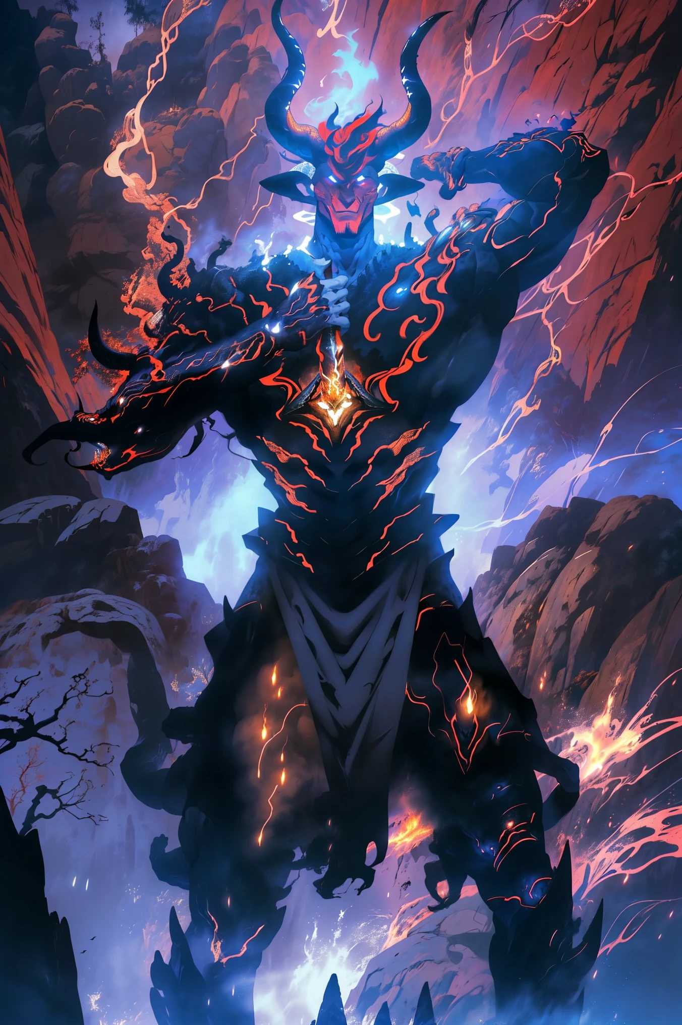 Dragon aura from Esmeralas, Ultra detailed, beautiful y estético, beautiful, masterpiece , mystery , atmospheric , genial , supernatural , La mejor calidad , cave , 1 man , 1 demonic monster , very large monster , Man killing monster , The man wears a long robe with a black hood. , Can use magic , The monster has a very large horn , Firebreathing Monster , The man has a great shiny sword , , 4 small monsters around the big monster , Magma around the battlefield , El campo de batalla está en la cave , Toda la cavea en llamas , The man's sword shines , May Cliff and rock in the cave , Cavern in flames , ( Ultra detailed Cavern) , (Magma Ultra detailed) , ( Ultra detailed man face) , ( Ultra detailed sword) , (Monstruo Ultra detailed)