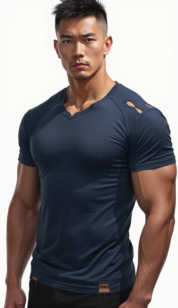 (Create a masterpiece), (CGI art),(realistic), (Sharp focus),  korean men 1 คนบาดเจ็บโดนจับมัด, (Wear a navy tight T-shirt.:1.3), jeans, korean men, chest muscles, large arm muscles, blood vessel, big muscles, Broad shoulders, looking at the audience, Balancing eye contact), (Big bulge: 1.4), (Torn shirt: 1.5), (Torn shirtวิ้น: 1.6), (Close your eyes..), (smile: 1.3), (Blood stains.: 1.2) ,Sitting on a table in a dark prison ,chip, His arms were tied with rope.., Hands crossed behind your back..,((Torn injection shirt)), ((Torn shirt)), , Abrasions on the body... ,Abrasions,( blood splatter), Abrasions on the face , dark cave