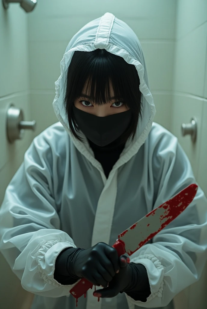A human-like object wearing a white mask is peeking out from the gap in the door in the dark.。There's blood splatter on the door。
