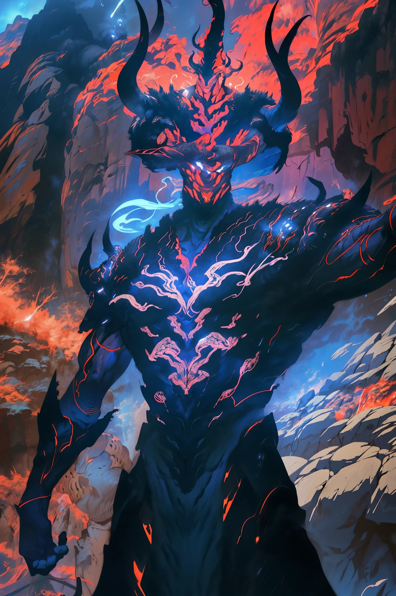 Dragon aura from Esmeralas,Plasma azul, Ultra detailed, beautiful y estético, beautiful, masterpiece , mystery , atmospheric , genial , supernatural , La mejor calidad , cave , 1 man , 1 demonic monster , very large monster , Man killing monster , The man wears a long robe with a black hood. , Can use magic , The monster has a very large horn , Firebreathing Monster , The man has a great shiny sword , , 4 small monsters around the big monster , Magma around the battlefield , El campo de batalla está en la cave , Toda la cavea en llamas , The man's sword shines , May Cliff and rock in the cave , Cavern in flames , ( Ultra detailed Cavern) , (Magma Ultra detailed) , ( Ultra detailed man face) , ( Ultra detailed sword) , (Monstruo Ultra detailed)