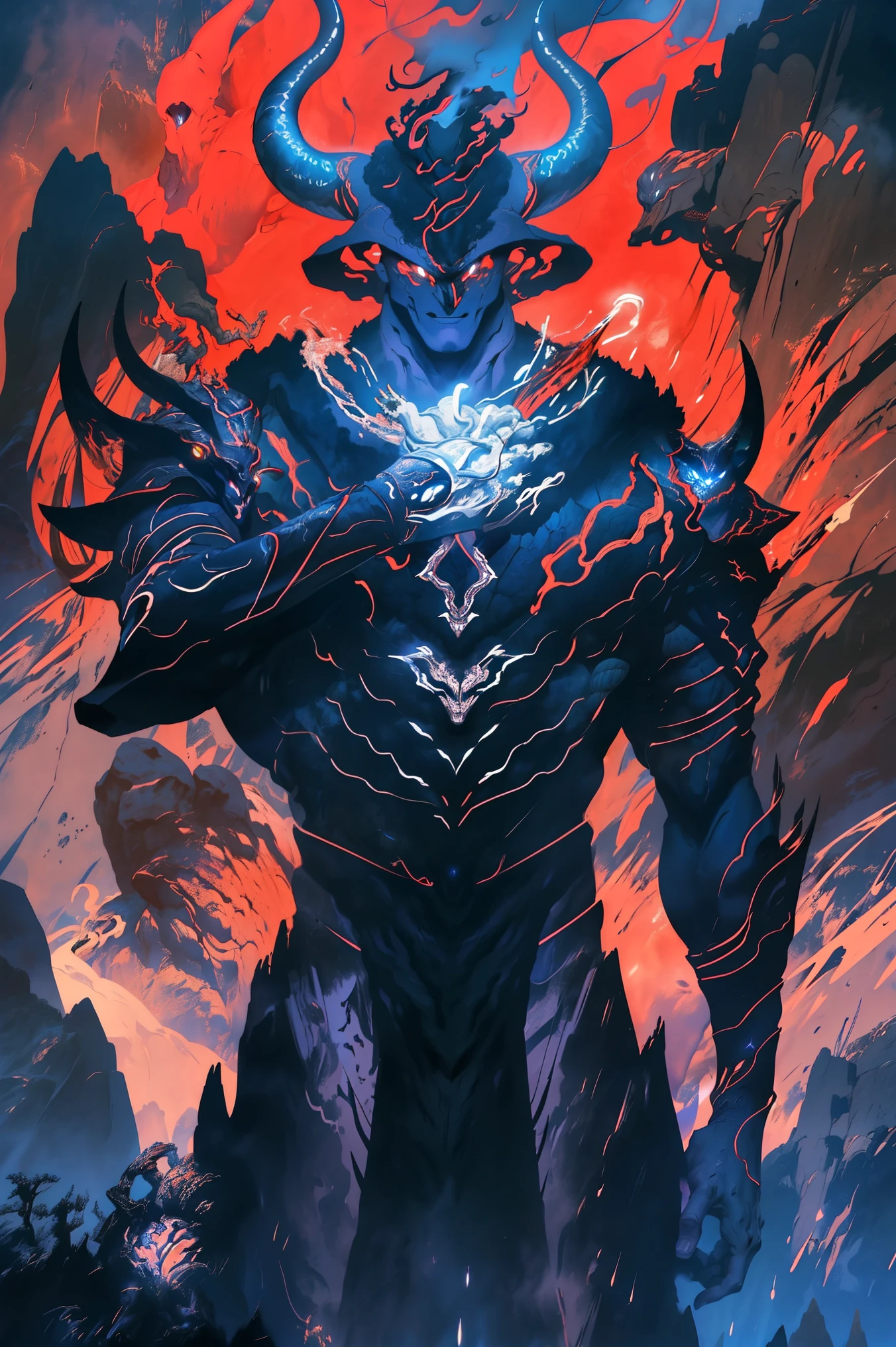 Dragon aura from Esmeralas,Plasma azul, Ultra detailed, beautiful y estético, beautiful, masterpiece , mystery , atmospheric , genial , supernatural , La mejor calidad , cave , 1 man , 1 demonic monster , very large monster , Man killing monster , The man wears a long robe with a black hood. , Can use magic , The monster has a very large horn , Firebreathing Monster , The man has a great shiny sword , , 4 small monsters around the big monster , Magma around the battlefield , El campo de batalla está en la cave , Toda la cavea en llamas , The man's sword shines , May Cliff and rock in the cave , Cavern in flames , ( Ultra detailed Cavern) , (Magma Ultra detailed) , ( Ultra detailed man face) , ( Ultra detailed sword) , (Monstruo Ultra detailed)