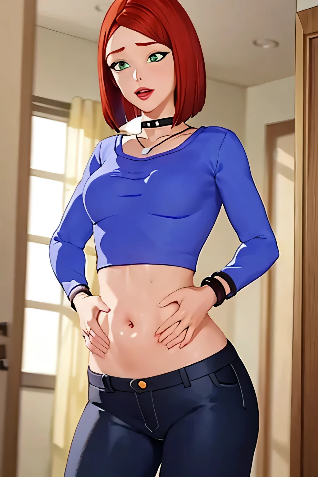 super fine illustration, vibrant colors, masterpiece, sharp focus, best quality, depth of field, looking down, cinematic lighting, ultra detailed, solo, 1girl, bellybutton, navel, tummy, choker, jewelry, necklace, black choker, blue shirt, crop top, long sleeves, black_pants, jeans, denim, wristband, red hair, short hair, green eyes, makeup, lipstick, red lips, bob cut, lips, mature woman, indoors, small breasts, CARTOON_merry_jane_watson_SMTAS_ownwaifu, www.ownwaifu.com, hips, slim, slender, embarrassed, open mouth, hand on own stomach, blush, teeth, belly, teeth
