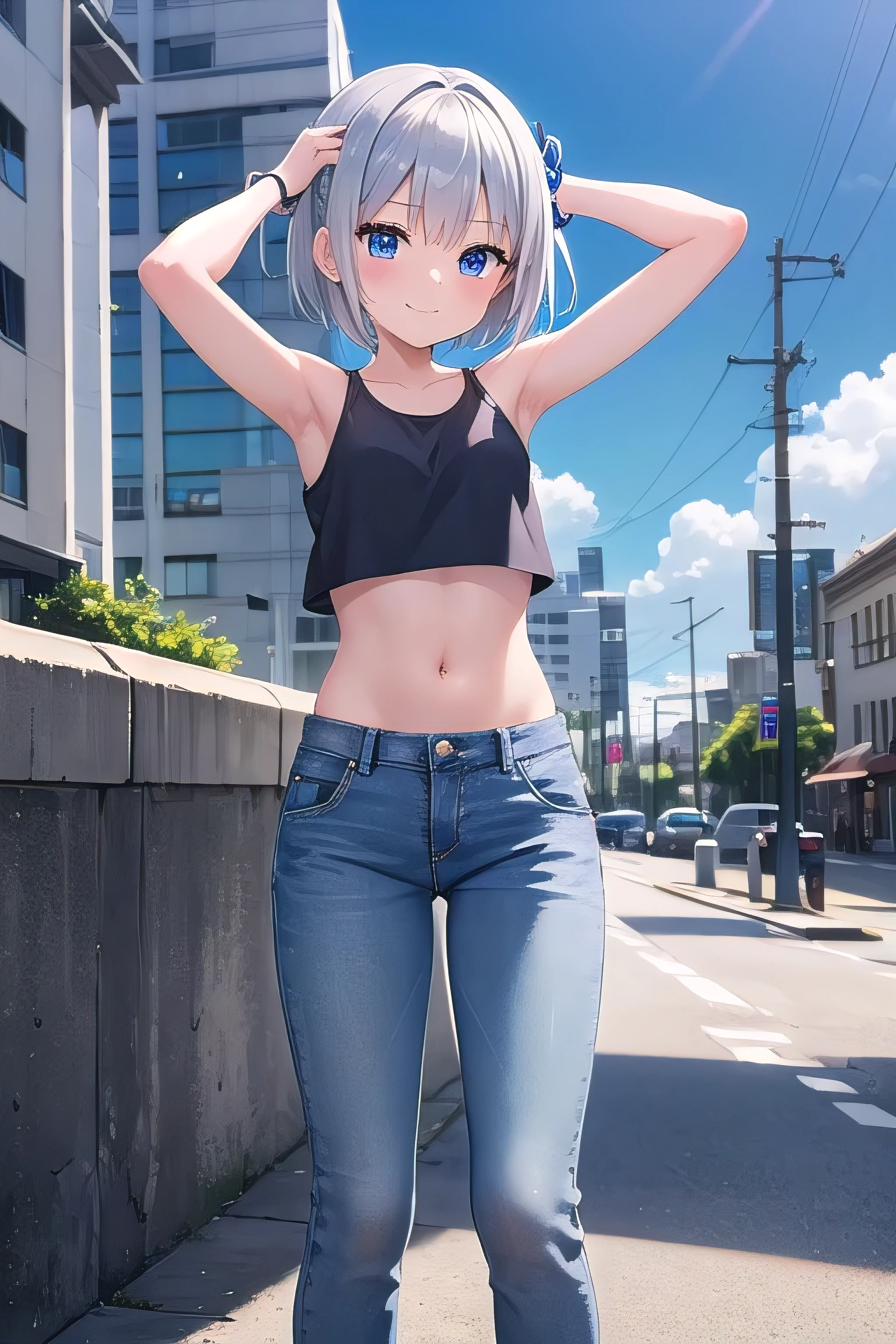 masterpiece,best quality,ultra detail,1girl, 14yo,petite,smile happy,on the top building,short hair, blue eyes, silver hair, hair ornament, ribbon hair ornament,Raise your arms and behind your head,White teeth, white tank tops, crop tops, jeans,