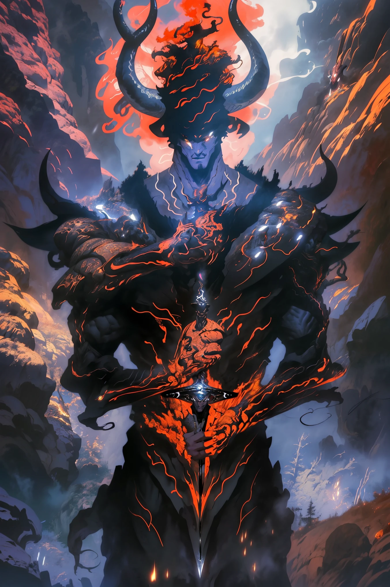 Dragon aura from Esmeralas, Ultra detailed, beautiful y estético, beautiful, masterpiece , mystery , atmospheric , genial , supernatural , La mejor calidad , cave , 1 man , 1 demonic monster , very large monster , Man killing monster , The man wears a long robe with a black hood. , Can use magic , The monster has a very large horn , Firebreathing Monster , The man has a great shiny sword , , 4 small monsters around the big monster , Magma around the battlefield , El campo de batalla está en la cave , Toda la cavea en llamas , The man's sword shines , May Cliff and rock in the cave , Cavern in flames , ( Ultra detailed Cavern) , (Magma Ultra detailed) , ( Ultra detailed man face) , ( Ultra detailed sword) , (Monstruo Ultra detailed)