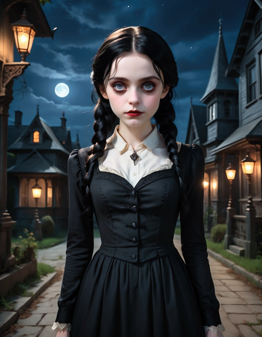 masterpiece, best quality, vampire family, full figure skinny mom whit old daughter, lesbian family,cinematic, moonlight night, best quality, full body shot, an elegant tall slender girl, 8k, perfect and deep shadows, detailed eyes, full body shot, high quality picture, high detailed background, HD shadows, (glowing eyes:1.1), an evil grin, fangs are visible, pale skin, black hair, neodark, big eyes, wednesday