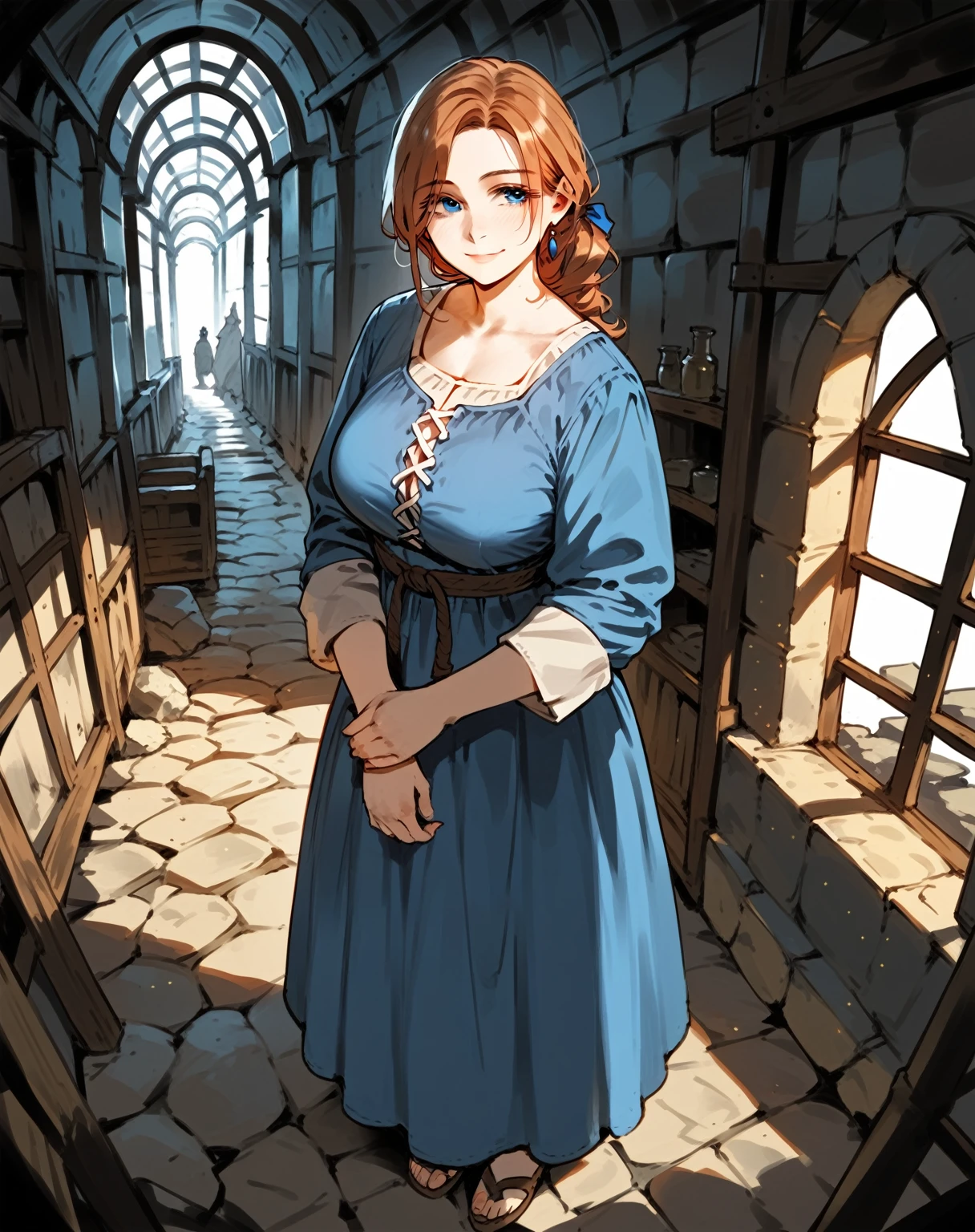 score_9, score_8_up, score_7_up, score_6_up, score_5_up, score_4_up, {{solo, anime, cowboy shot, from above, underground, cave, dungeon, dark, dimmed lighting, medieval fantasy}} mature woman, aged, blue eyes, voluptous, gentle smile,
