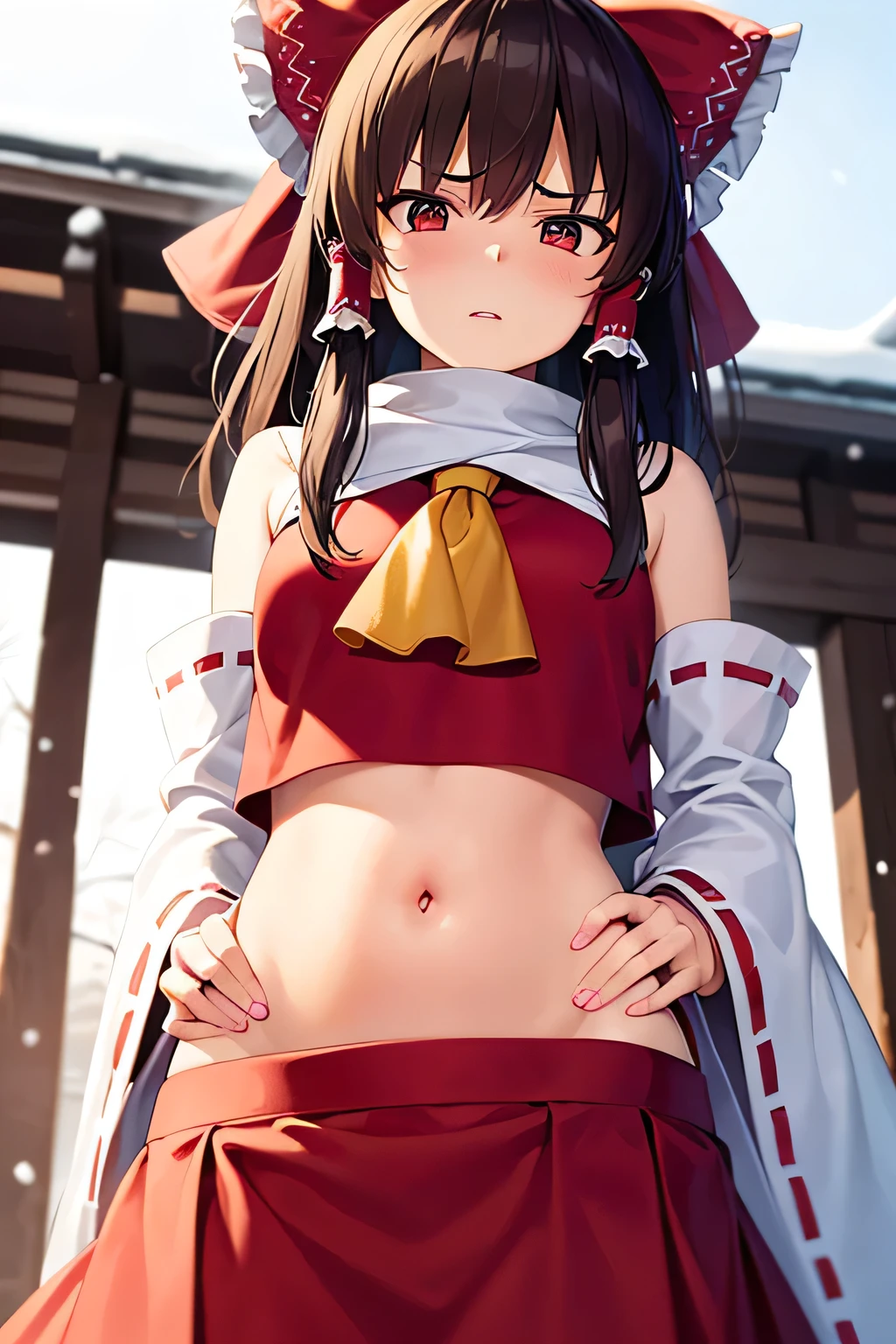 super fine illustration, vibrant colors, masterpiece, sharp focus, best quality, depth of field, cinematic lighting, ultra detailed, blush, annoyed, belly, navel piercing, tummy, crop top, shrine maiden, hakurei reimu, 1girl, hair bow, ascot, hair tubes, detached sleeves, looking down, red shirt, red skirt, very long hair, very messy hair, dark brown hair, indoors, mature woman, ,hakurei reimu, 1girl, hair bow, ascot, hair tubes, miko, detached sleeves, Reimu Hakurei, 