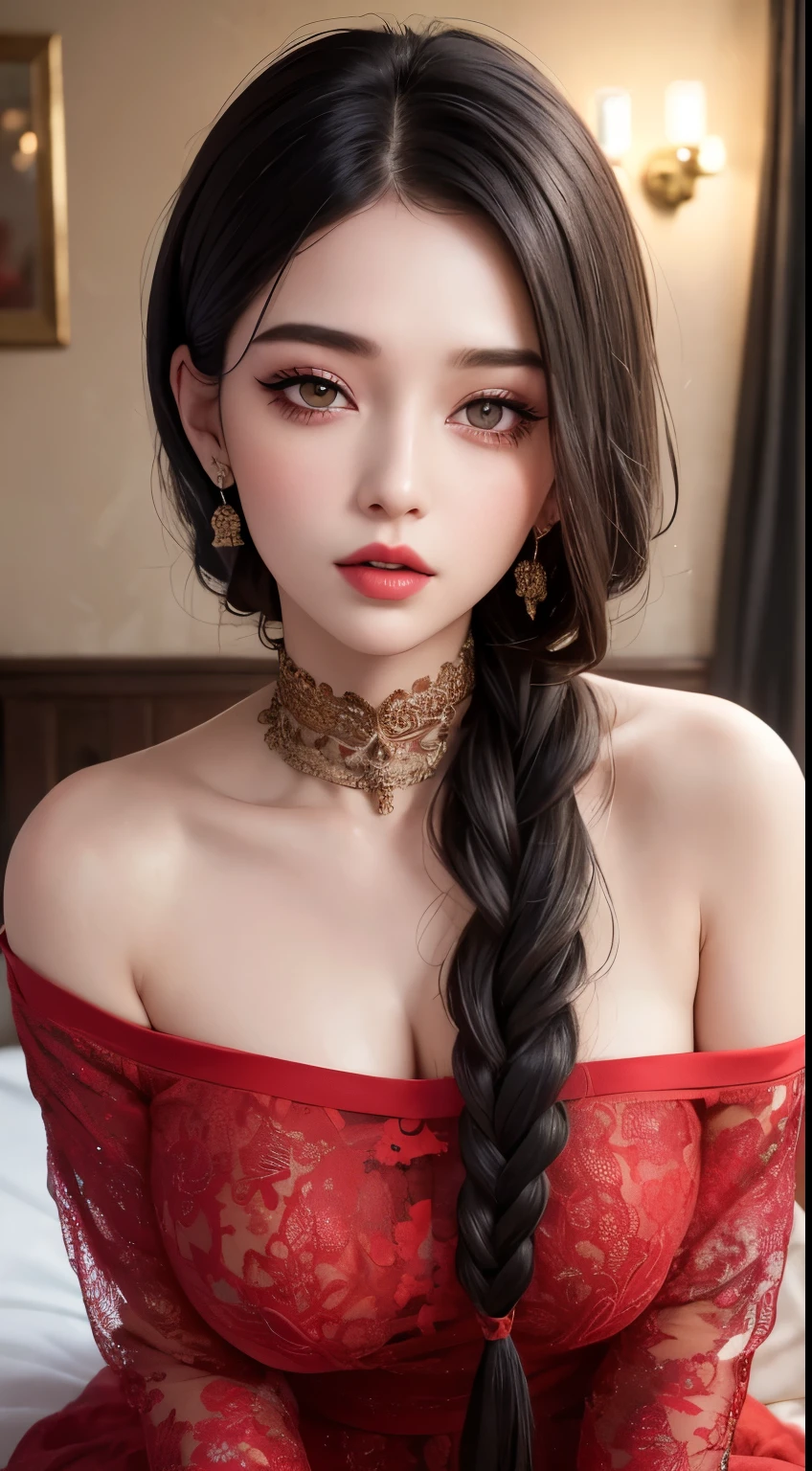 (best quality,ultra-detailed,realistic:1.37),portrait,sexy MILF neighbor,black hair tied in braid, seductive gaze,red lips parted in a blush,intense emotion,long neck, bare shoulders,medium chest with cleavage,sexually aroused expression on a bed in a bedroom