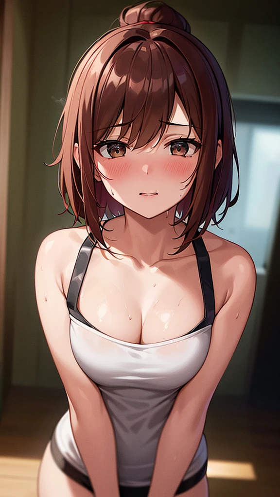 best quality, masterpiece,  a girl, (Alone:1.1), ray tracing, Ultra Detailed,  face image,  8k,  detailed eyes and face ,  brown eyes, short red hair, sensual pose,  Shy Look, Blushed and completely sweaty ,  He's wearing a prostitute &#39;clothes,  she has a vibrator shoved in her pussy