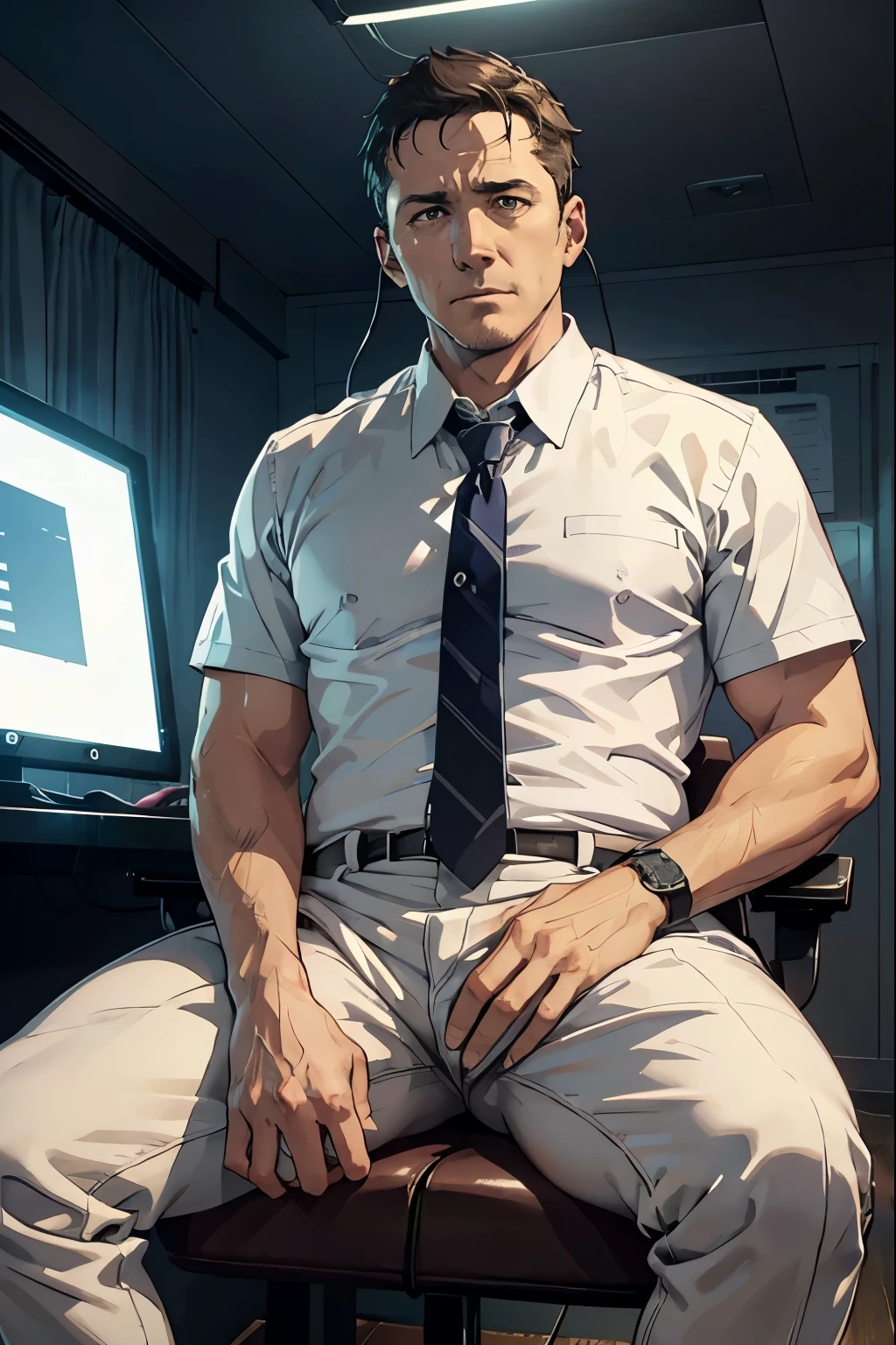 44-year-old middle-aged man masturbating with legs spread、 headphones、 Computer 、Short Hair、Normal body type、 Sitting on a Chair 、detailed expression、White shirt and tie、slacks、((Emphasis on the crotch))、The facial expression of orgasm、The background is a 44-year-old middle-aged man masturbating while sitting in a dark, small soundproof room 、Dark and spooky atmosphere、