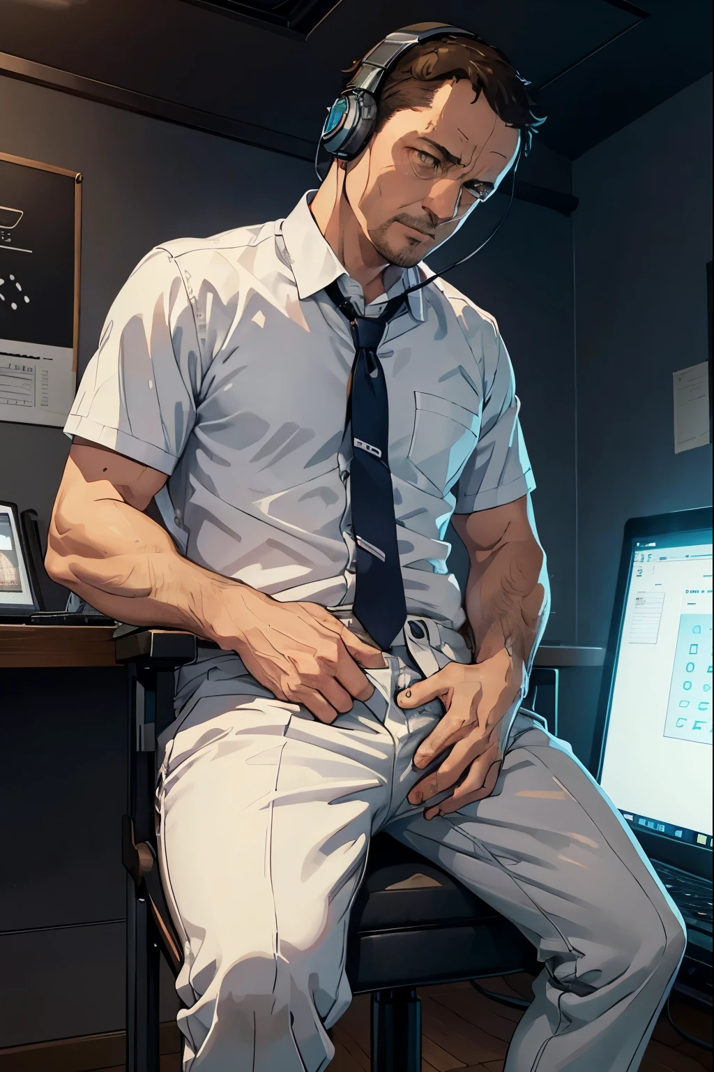 44-year-old middle-aged man masturbating with legs spread、 headphones、 Computer 、Short Hair、Normal body type、 Sitting on a Chair 、detailed expression、White shirt and tie、slacks、((Emphasis on the crotch))、The facial expression of orgasm、The background is a 44-year-old middle-aged man masturbating while sitting in a dark, small soundproof room 、Dark and spooky atmosphere、