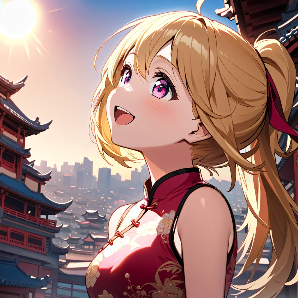 (masterpiece, best quality, hyper detailed:1.4), cute,
1girl, short, slender, fair skin, blonde medium hair, ponytail, big droopy eyes, magenta eyes,
Chinese dress, Gorgeous Chinese cityscape, blue sky, sun,
happy, laughing, looking up, standing, from side, cowboy shot,