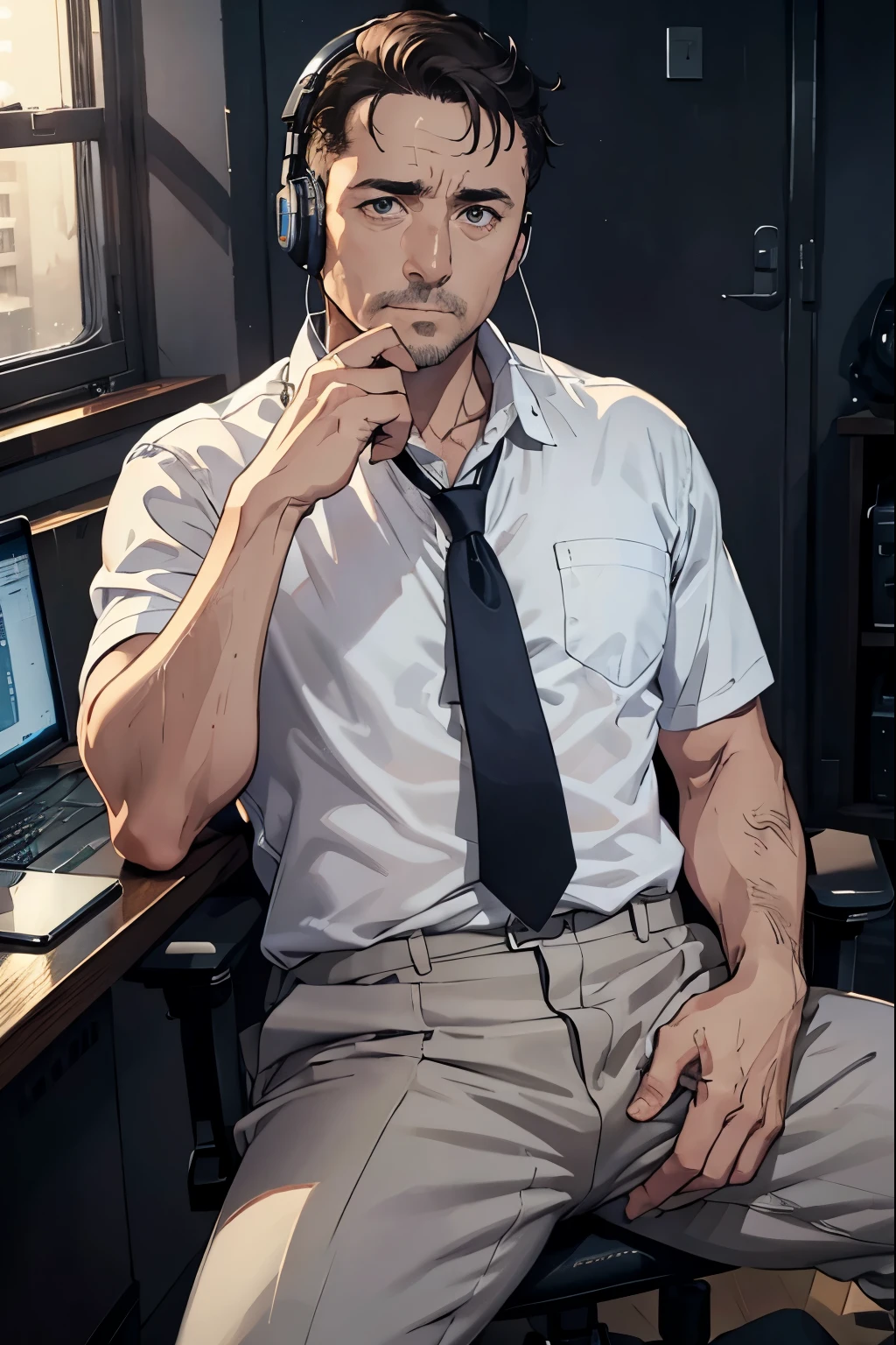 44-year-old middle-aged man masturbating with legs spread、 headphones、 Computer 、Short Hair、Normal body type、 Sitting on a Chair 、detailed expression、White shirt and tie、 gray slacks 、((Emphasis on the crotch))、The facial expression of orgasm、The background is a 44-year-old middle-aged man masturbating while sitting in a dark, small soundproof room 、Dark and spooky atmosphere、